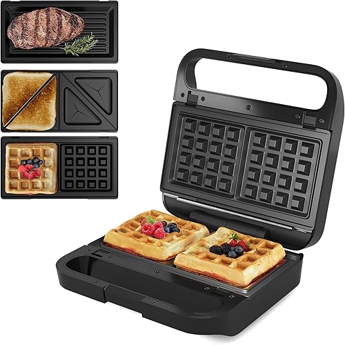 Sunvivi Pro Waffle Maker con platos antiadherentes extraíbles, sandwichera eléctrica 3 en 1, parrilla de prensa Panini, con parte superior de