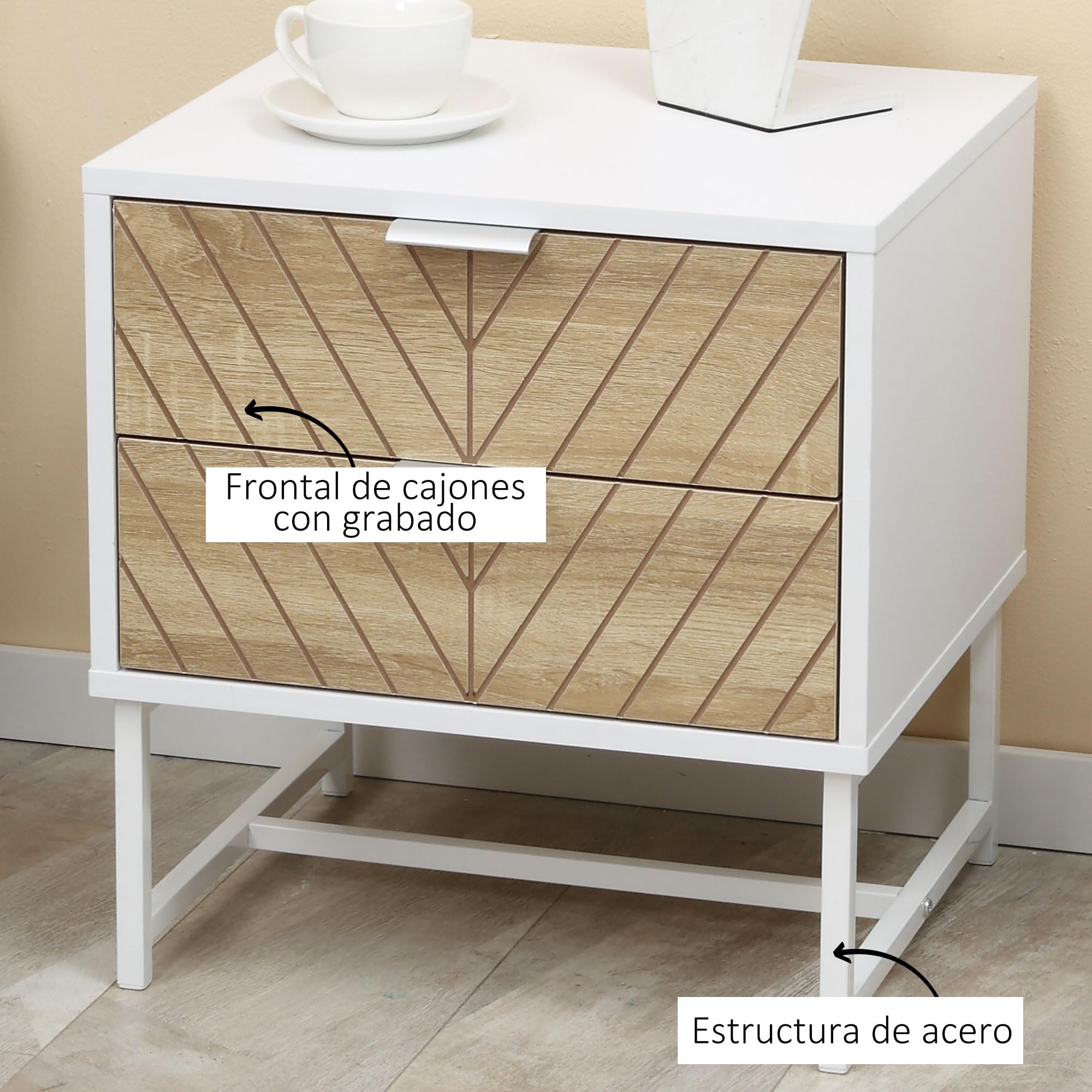 HOMCOM Mesilla de Noche Mesita de Noche 2 Cajones 45x39x48 cm Blanco Roble