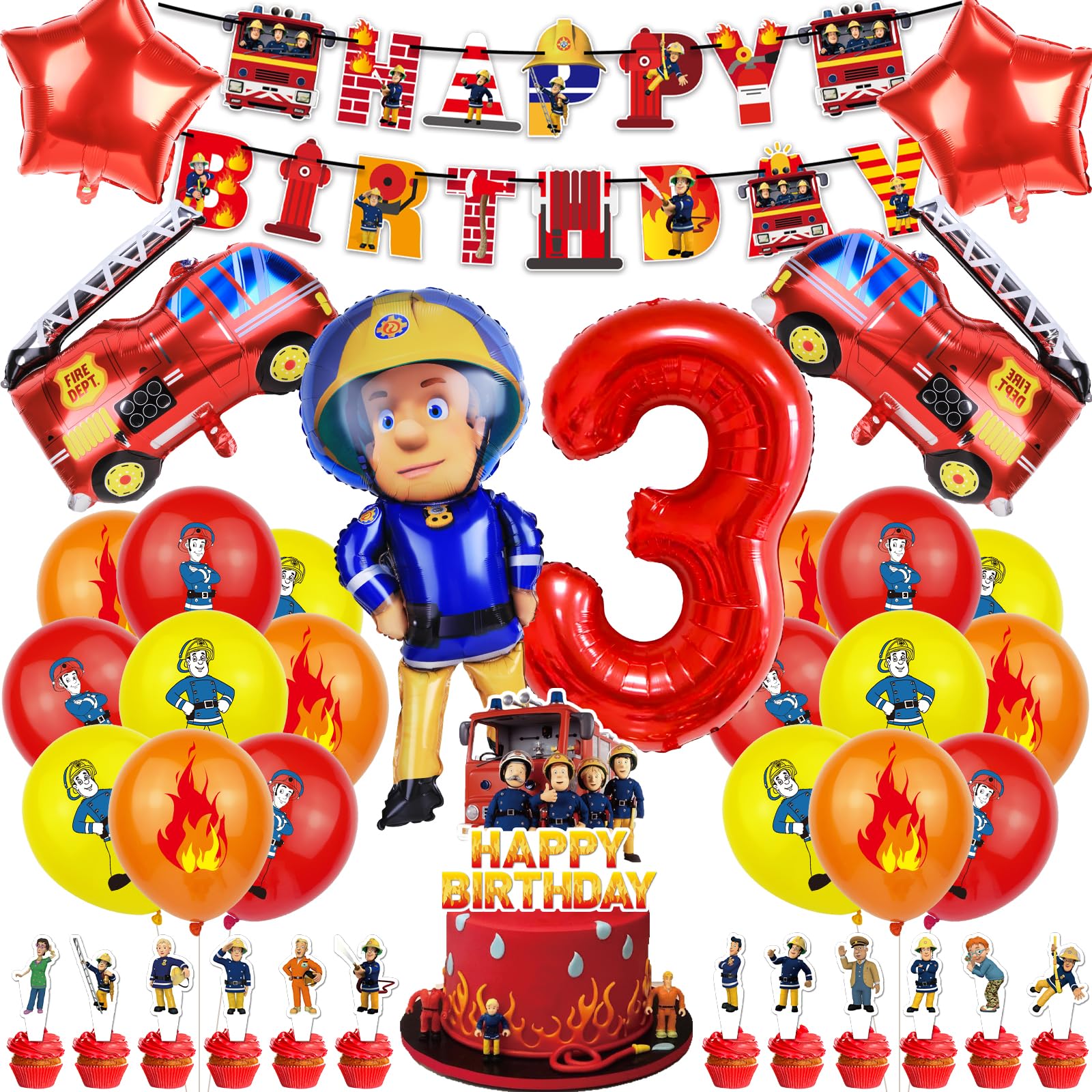 38 Pcs Fireman Theme Children Birthday Party Decorations, Fireman Creative Party Kit, Kid Birthday Party Supplies Balloons With Banner for 3 Year Old, Cake Topper Cupcake Toppers for Birthday Party