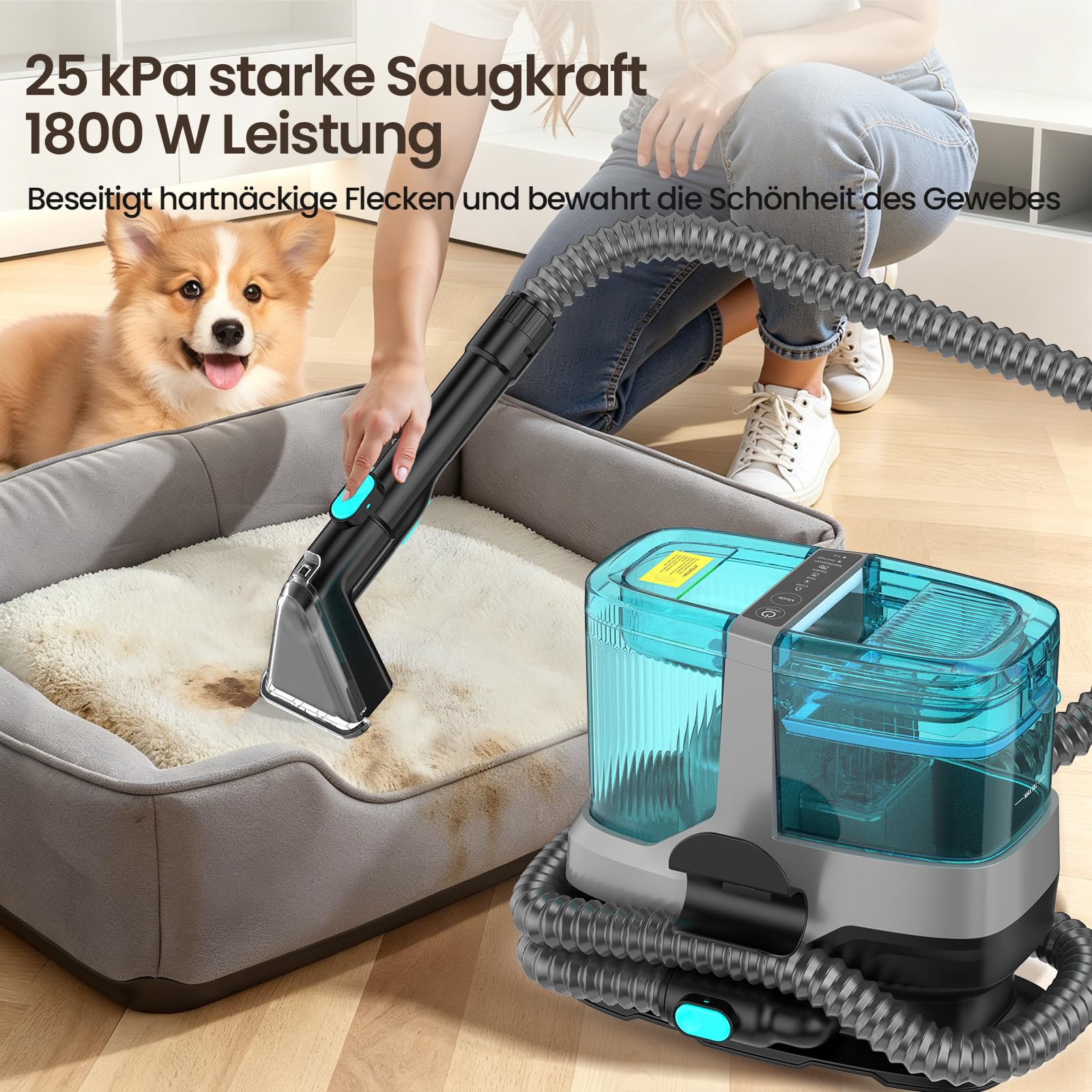 C688 aspiradora limpiadora 4 en 1, 25000 Pa, 1800 W. Calefacción, desinfección, pantalla LED y avisos vocales. Ideal para sofás, alfombras, asientos auto, colchones, cojines mascotas