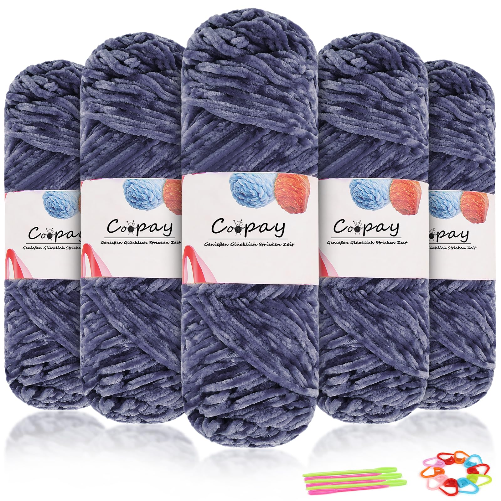 Coopay Samt Chenille Wolle zum Häkeln, 500g (5x100g) Velvet Chenillegarn, Dicke Wolle zum Stricken, Flauschige Weiche Samtig Chenillewolle mit Häkelzubehör für Schals, Decken - Blau Grau