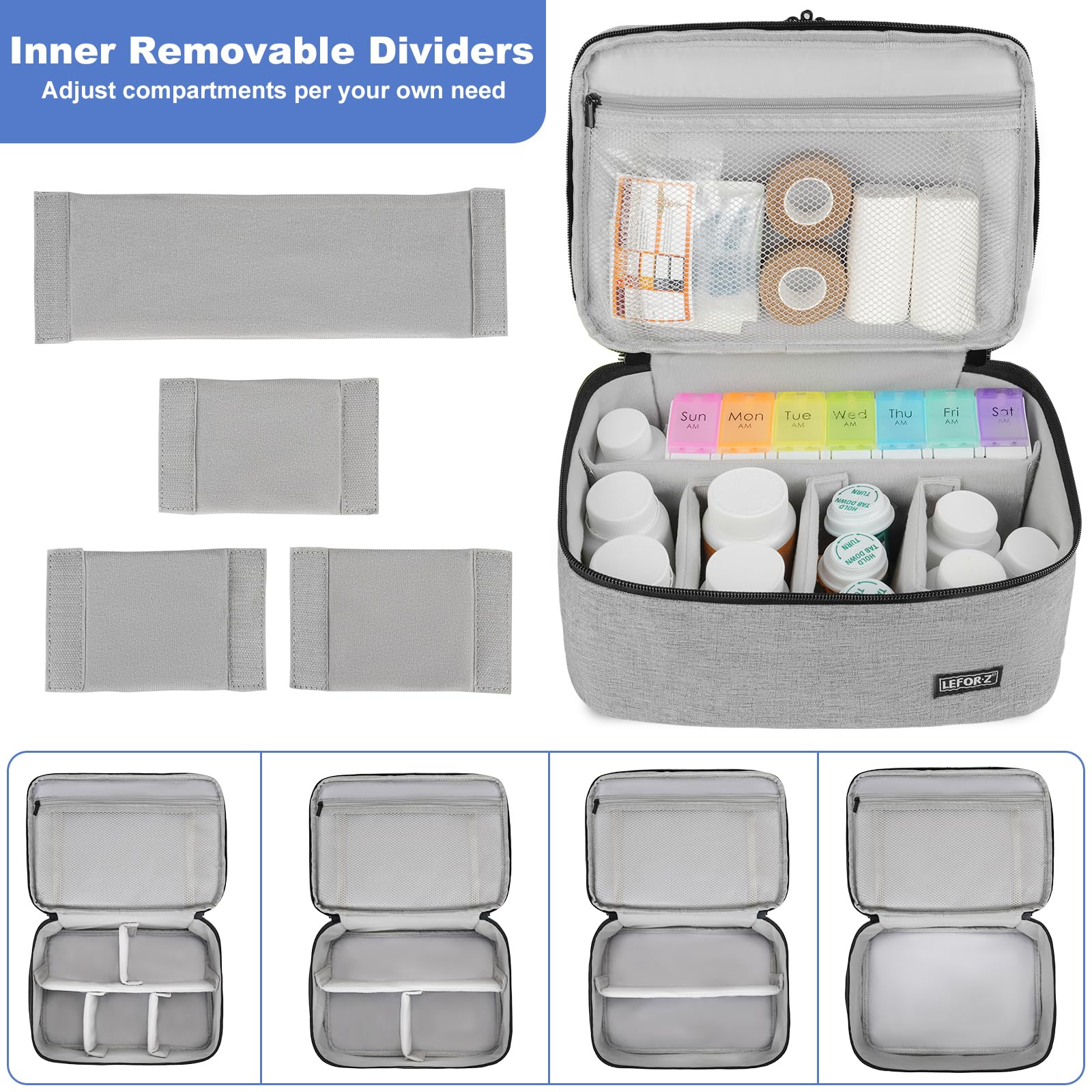 LEFOR·Z Sac de rangement pour médicaments, double couche, sac de rangement vide avec fermeture éclair verrouillable et séparateur réglable, sac de transport de médicaments pour pilules, vitamines,