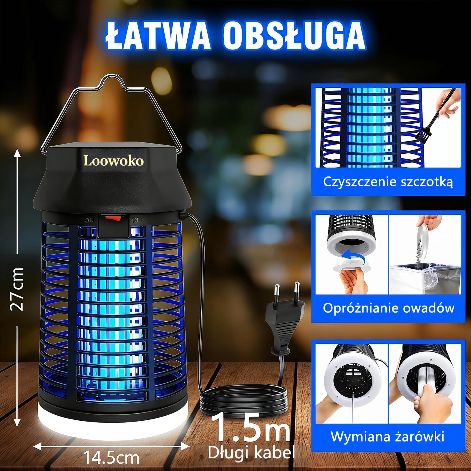 Loowoko Elektryczna Pułapka na Owady 4200V, Lampa przeciw Komarom z LED, Wodoodporna, Elektryczny Zabijacz Komarów, Lampa Przeciwkomarowa do Wnętrz, Na Zewnątrz, Sypialnia, Dom, Taras, Ogród