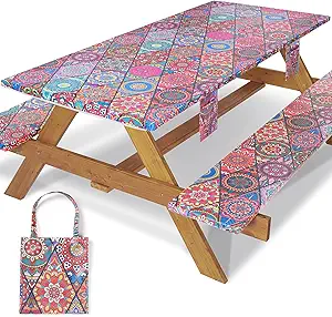Picnic Table Cover with Bench Covers Fitted Wrinkle Free Camping Table Cloths Hiking Glamping Supplies Travel Trailers Cooking Essential Holiday Festival Decor Gifts for Adult Who Want Nothing