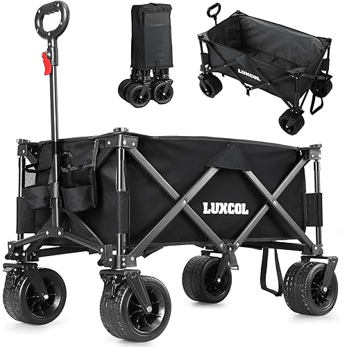LUXCOL Collapsible Folding Wagon, Heavy Duty Utility Beach Wagon Cart for Sand with Big Wheels, Adjustable Handle&Drink Holders for Shopping, Camping,Garden and Outdoor