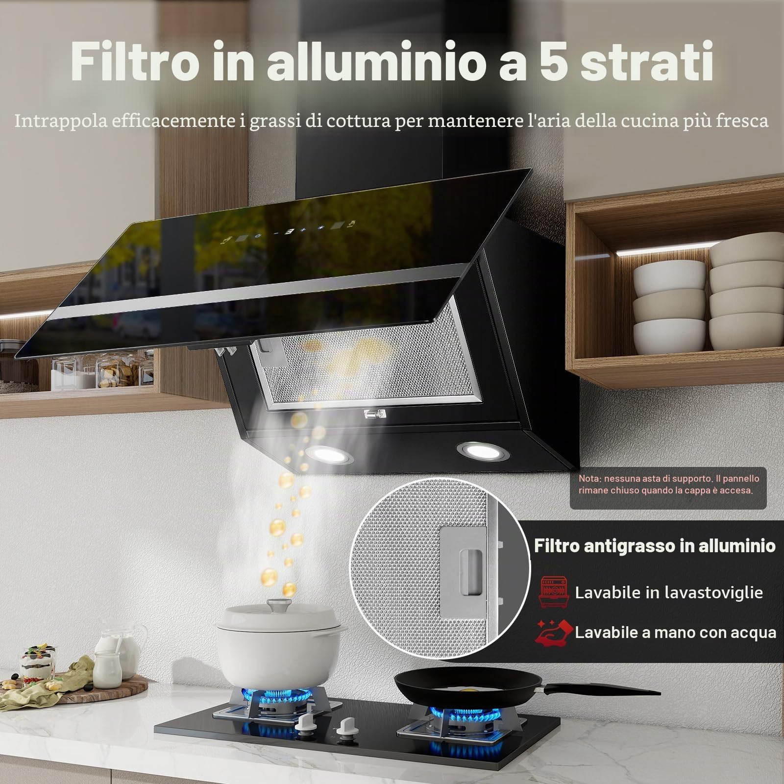 SNDOAS Cappa Aspirante 60 cm, 450 m³/h, Controllo Touch e a Gesti, A+++ | Cappa da Cucina Inclinata con Scarico/Ricircolo, 3 Velocità + Modalità Boost, Silenziosa, LED, Vetro Nero