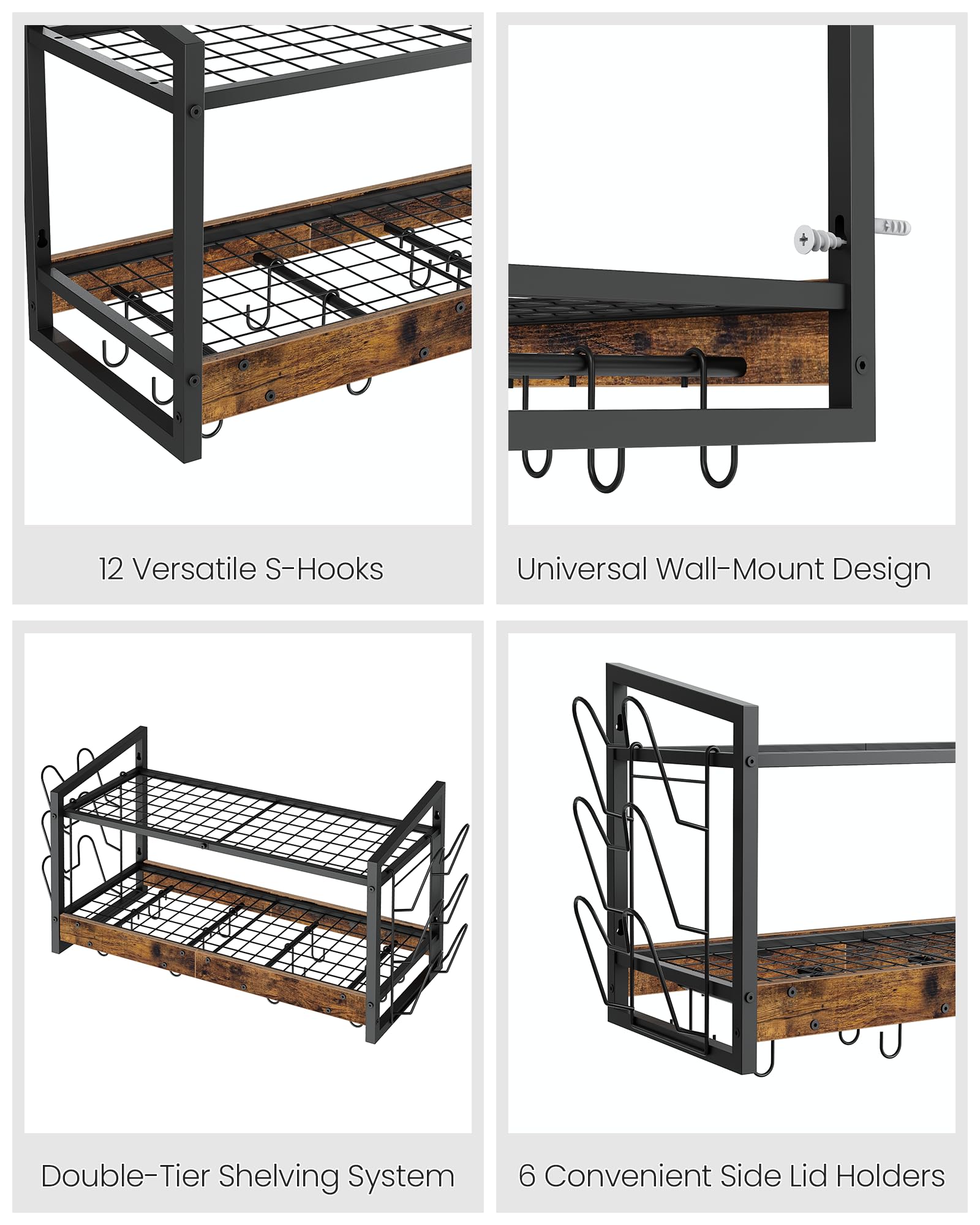 CHOEZON Soporte de Pared para Ollas, Estante de Cocina de 2 Niveles para Ollas y Tapas, Soporte para Sartenes, Vajilla y Utensilios de Cocina con 12 Ganchos, Marrón Vintage y Negro DTPR02BF