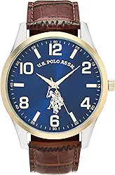 U.S. Polo Assn. Relógio social analógico masculino com mostrador azul Sunray bisel dourado e pulseira de couro sintético marrom – Relógio clássico de quartzo inclui caixa para pulsos de 14 a 20 cm