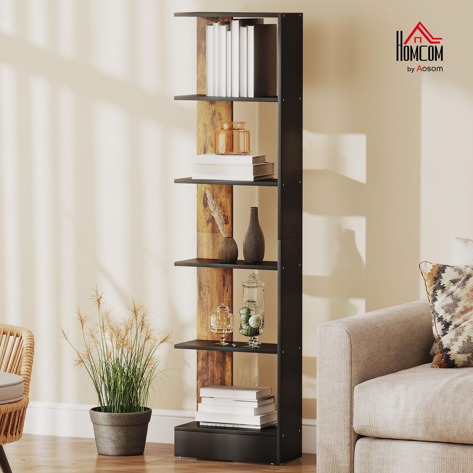 HOMCOM Mobiletto Scaffale Stretto a 5 Ripiani, Scaffale Portaoggetti Salvaspazio Moderno in Legno, Libreria per Bagno, Soggiorno, Camera da Letto, Studio e Ufficio, 45x21x170 cm, Marrone Rustico