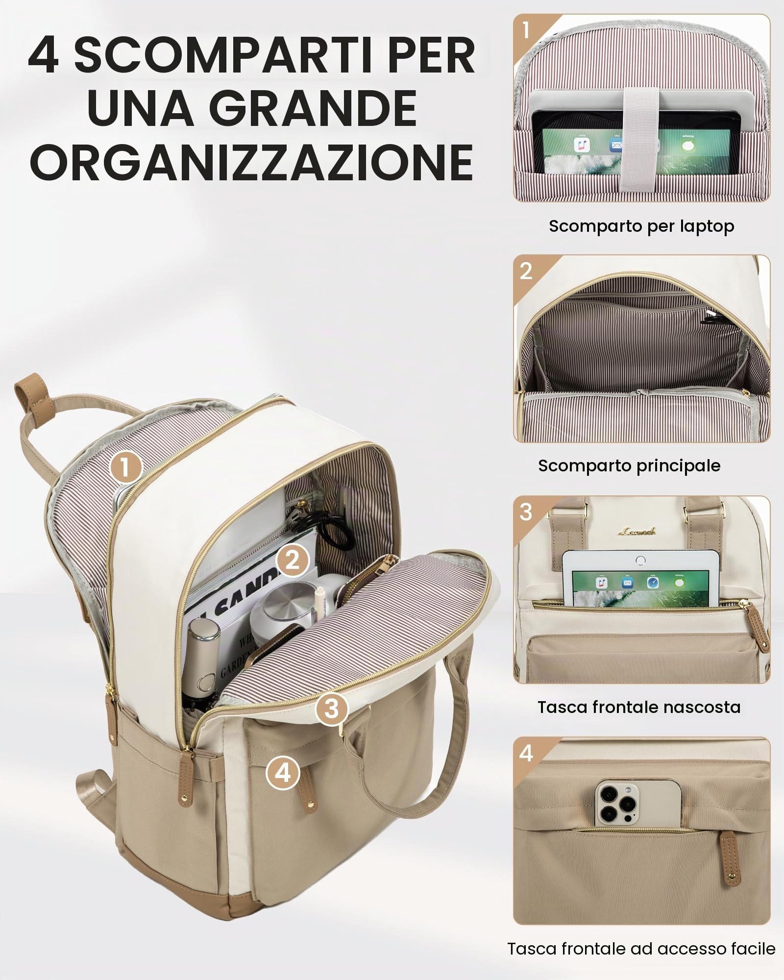 LOVEVOOK Zaino Porta PC Donna, 17 Pollici Zaino da Viaggio Scuola Università Grande, Impermeabile Zaino Lavoro Ufficio Antifurto Elegante, Computer Laptop Travel Backpack Waterproof Cachi