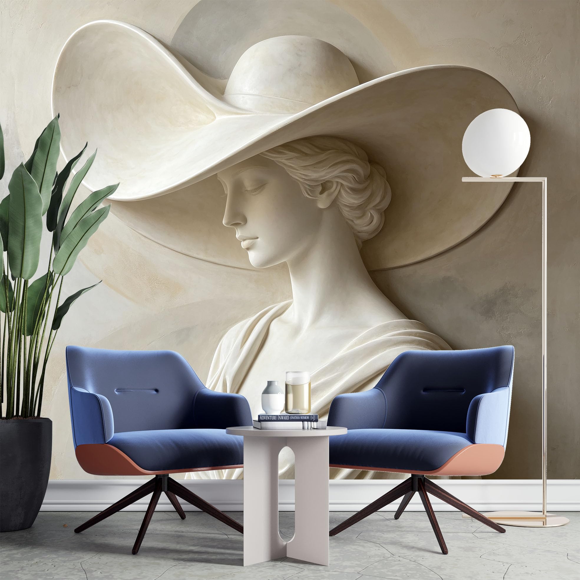 Carta da Parati Murale Fotografico 3D Effetto Marmo in Tessuto Non Tessuto 371 x 280 cm con Scultura di Donna con Cappello Ideale per Soggiorno Camera Letto Corridoio e Pareti Decorative.