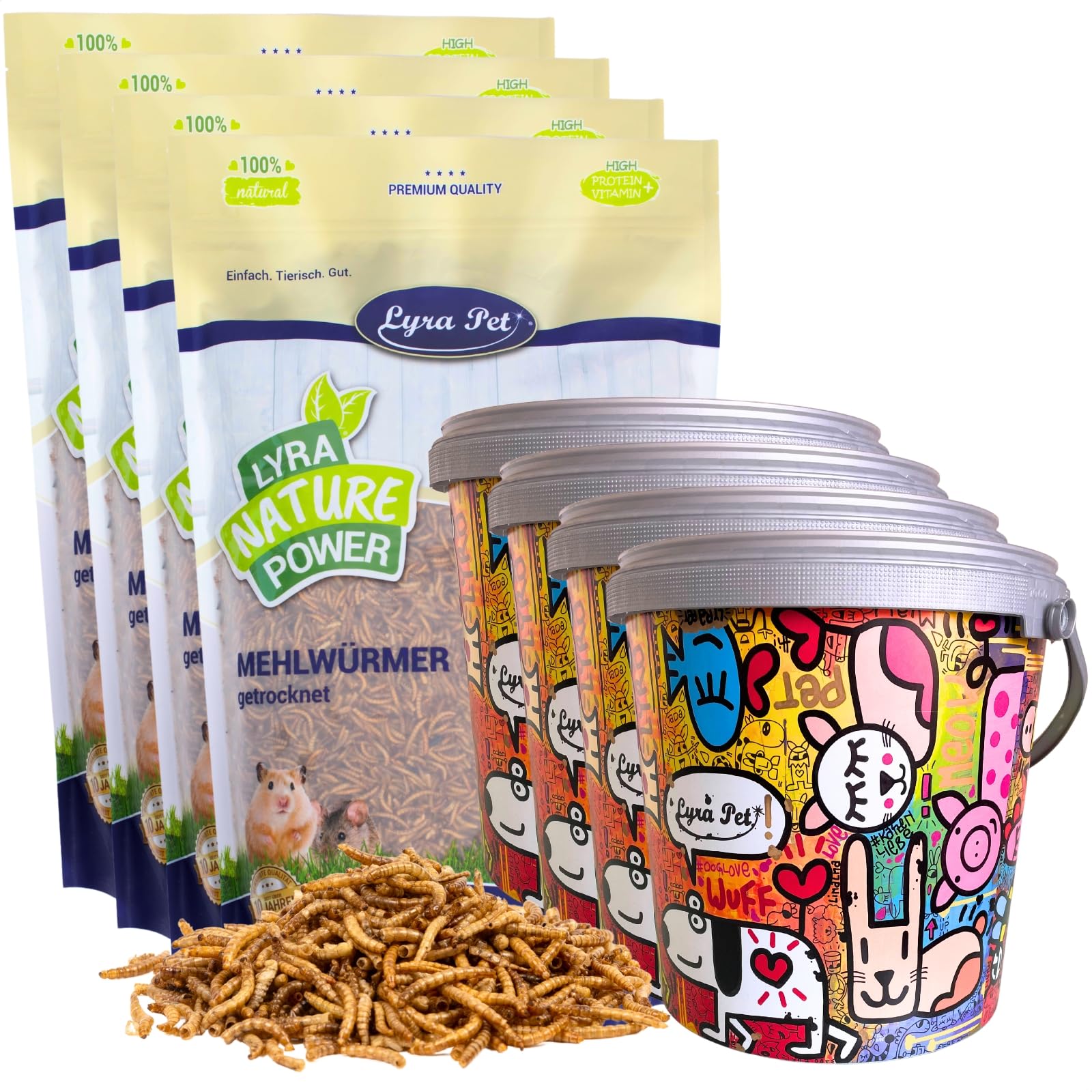 Lyra Pet® 4 x 10 Liter Mehlwürmer getrocknet in 10 L Design Eimer | Premium Qualität - Proteinreiches Vogelfutter - Energiespender - Vitamine & Mineralstoffe - Wildvögel Nager Reptilien