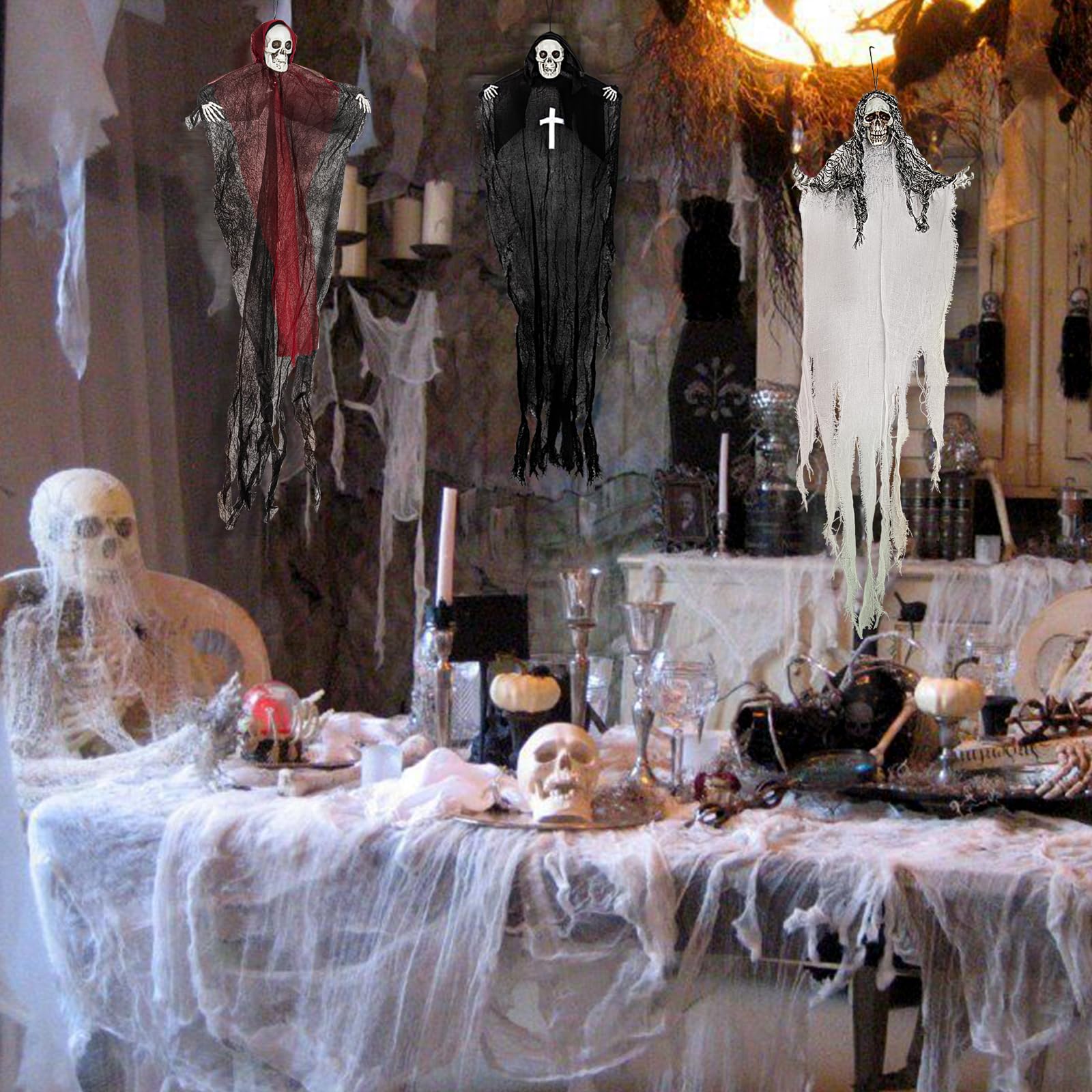 Fantasmas de esqueleto colgantes de Halloween (paquete de 3), uno de 36 pulgadas y dos de 32 pulgadas, fantasmas voladores para decoración de casa encantada, decoraciones de Halloween para