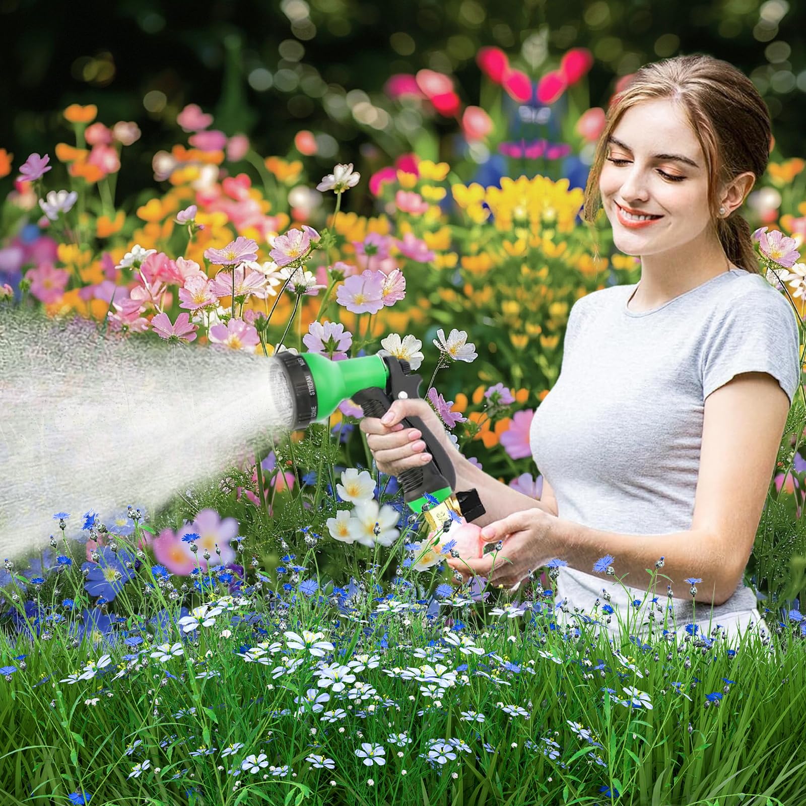 Tubo Acqua Giardino 60 Metri Tubo Estensibile da Giardino, Canna Acqua Giardino con 8 Funzioni Pistola, Tubo Irrigazione con Raccordi in Ottone da 1/2" e 3/4" Attacco (60M,Verde)