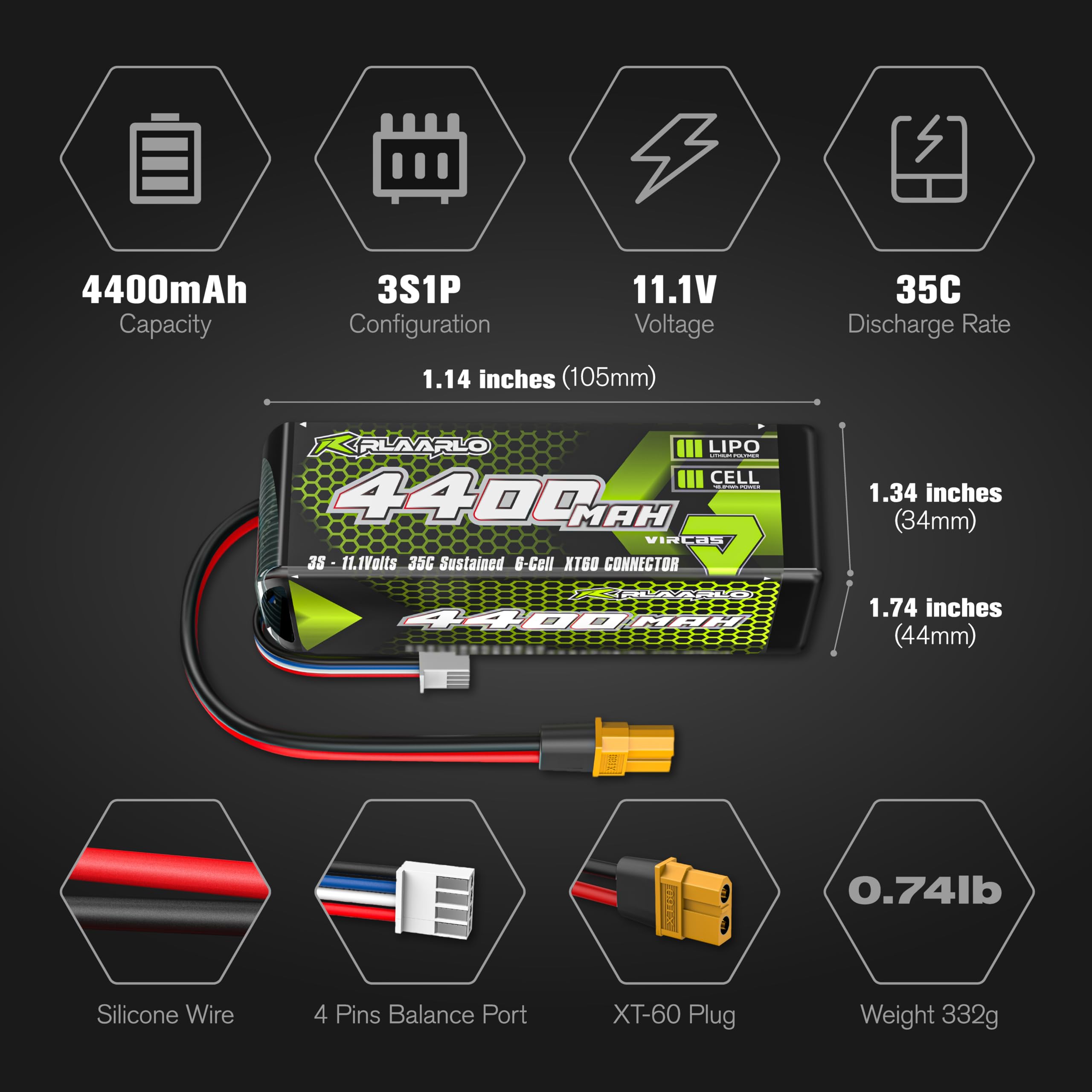 RIAARIO 11.1V Lipo Battery 3S 35C 4400mAh Lipos with XT-60 Connector for RC Car Trucks 1/8 1/10 Mini 1/10 RC Vehicles