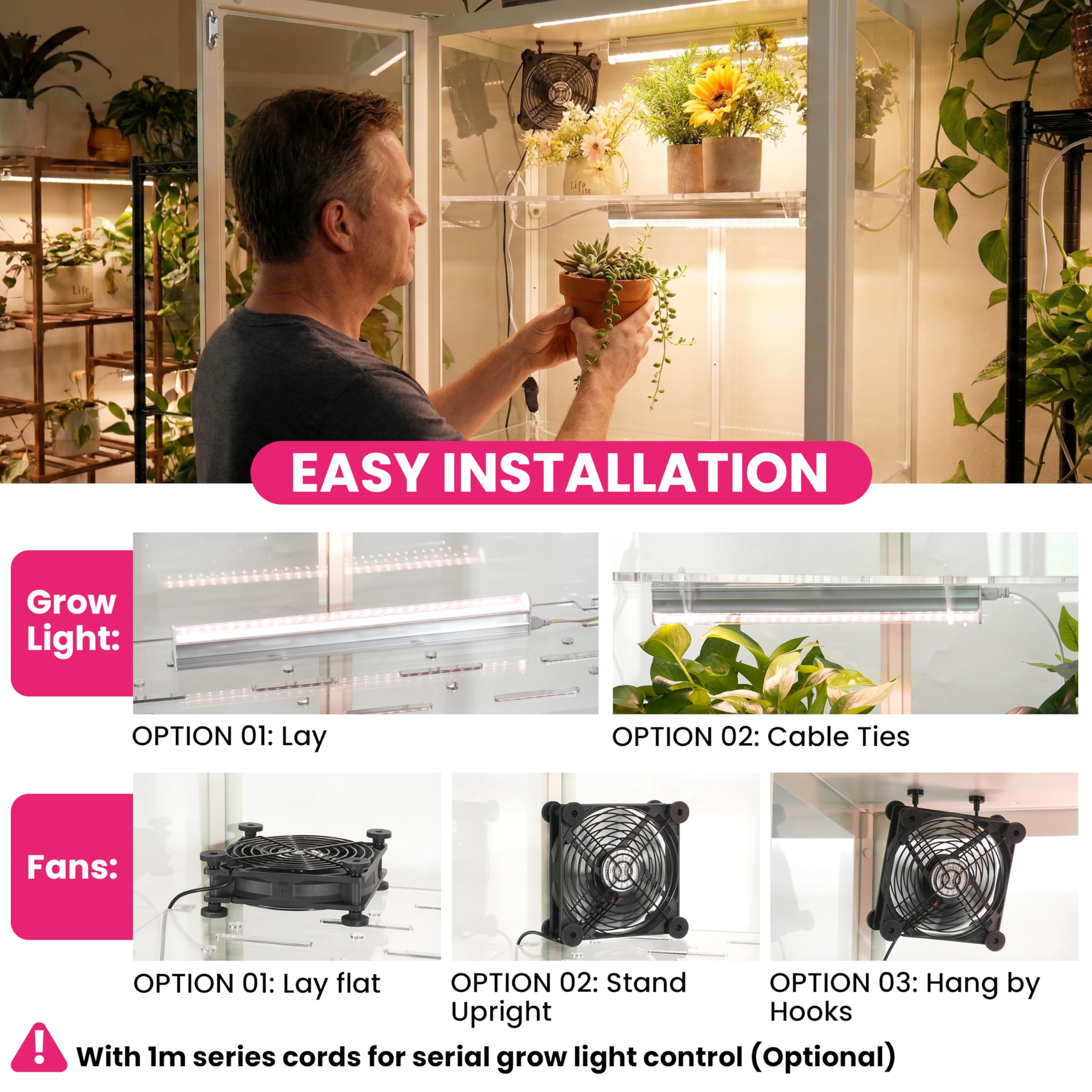 Lot de 4 bandes lumineuses T5 + 2 ventilateurs USB pour plantes d'intérieur, ensemble d'accessoires LUVCOSY pour serre d'intérieur IKEA, lampe de culture à spectre complet et ventilateur de