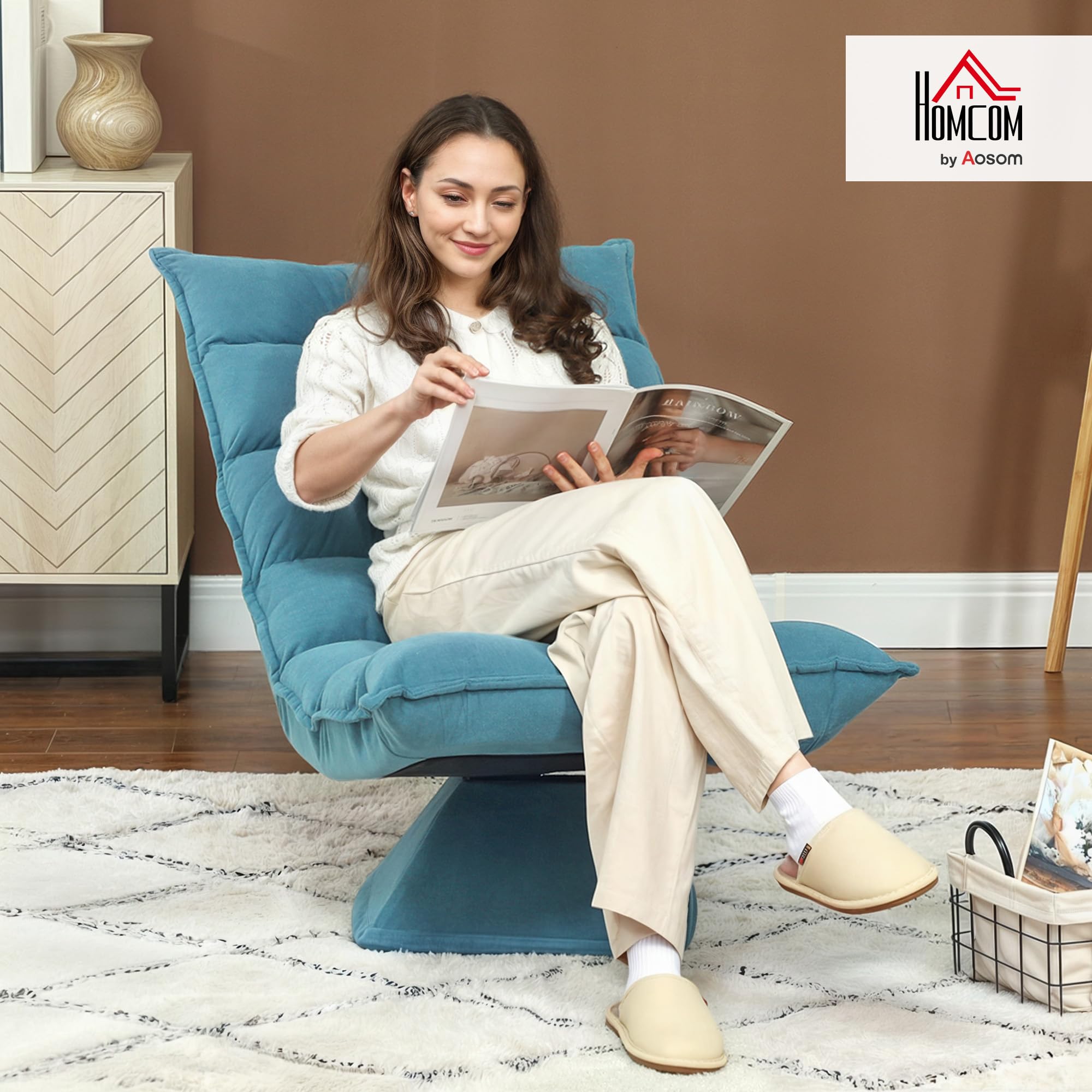 HOMCOM Poltrona Relax Girevole 360° con Schienale Regolabile in 5 Posizioni, Poltrona da Terra, Seduta Ampia Imbottita Spessa in Microfibra Effetto Velluto, per Soggiorno Lettura, 62x70x95 cm, Blu