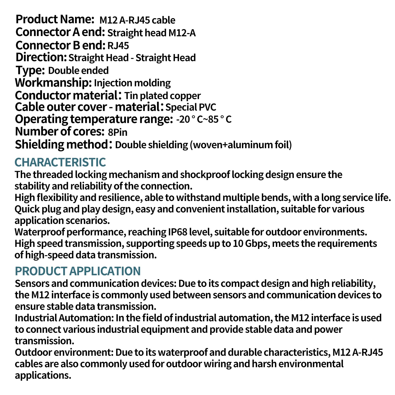 Kabel złącza M12 do RJ45 M12 8-pinowy 4-pinowy kodowanie typu A/D do ekranowania RJ45 Ethernet Profinet Line (M12 A-RJ45, 10M)