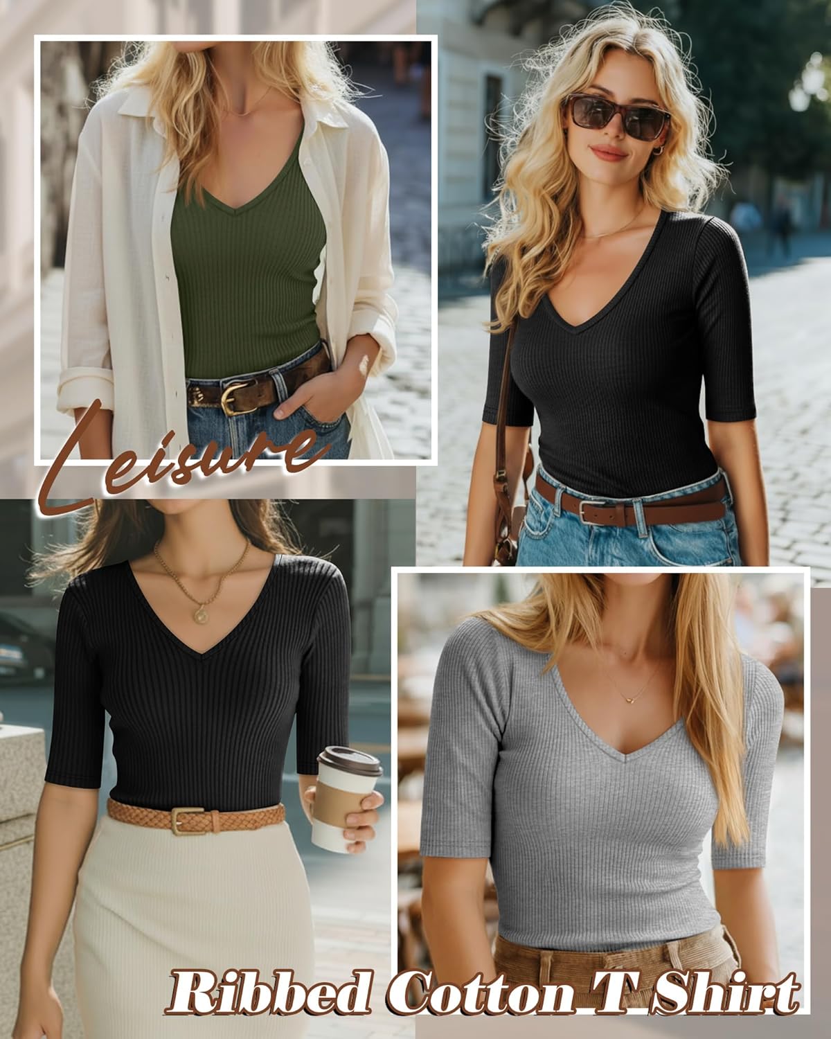 Riyiper 3 Pack Women's Half Sleeve Top Elbow Length Ribbed Cotton T Shirt Women V Neck Summer Tee Slim Fit Casual Blouses - Image 2