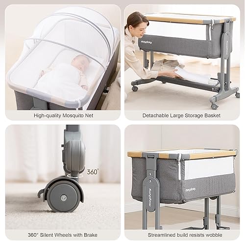 Miniatura 7 de Maydolly Baby Bassinet Bedside Sleeper, 3-in-1 Bedside Crib, Portable Bassinet with Mattress & Breathable Mesh, 7 Height Adjustable Baby Bed,