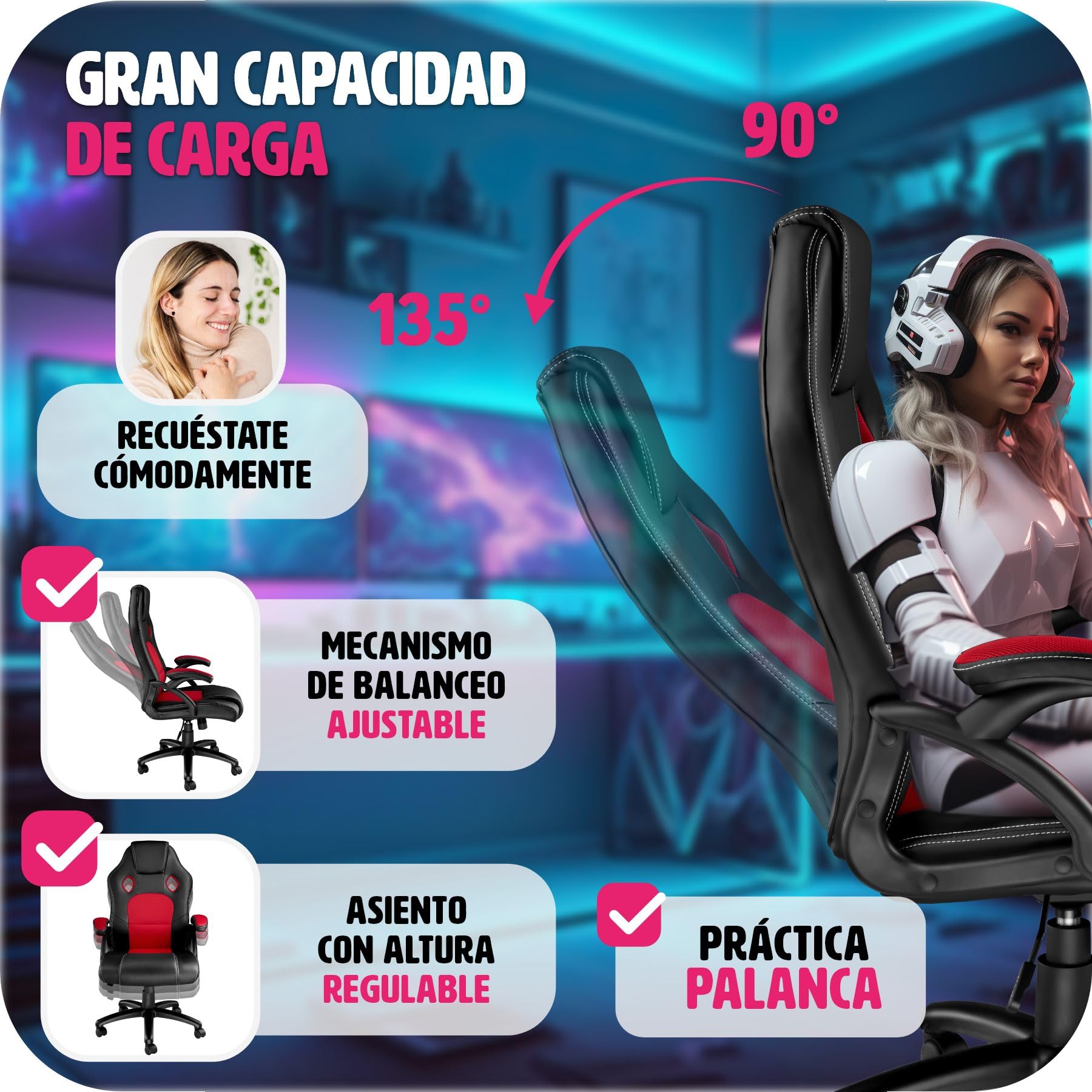 tectake® Silla Gamer Ergonómica, Ajuste de Altura, Silla de Escritorio de Oficina, Silla de Estudio con Acolchado Cómodo, Silla con Reposabrazos y Ruedas, Sillas Gaming para Ordenador - Negro/Rojo
