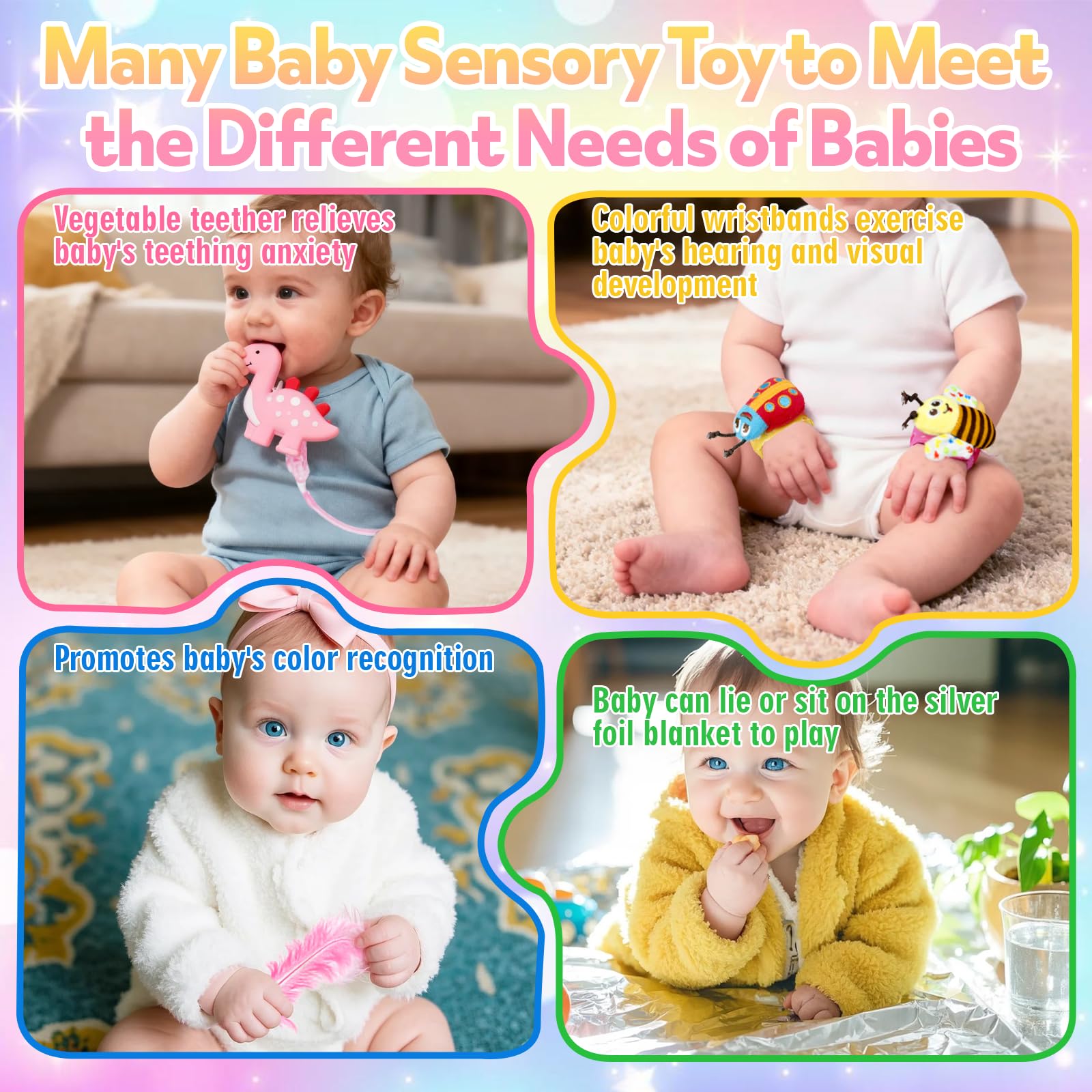 12 Pcs Baby Sensory Toy Set Sensory Foil Blanket Baby Wrist Rattles Rattle Socks Sensory Scarf Feathers for Babies Newborn Sensory Toy Scarf Feathers for 0 3 6 9 12 Months Early Learning Autism ADHD - Image 3