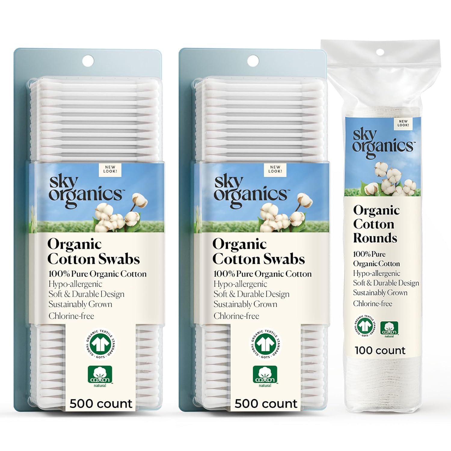 Sky Organics - Cotton Swabs 1000 - Cotton Rounds 100 - Chlorine Free
