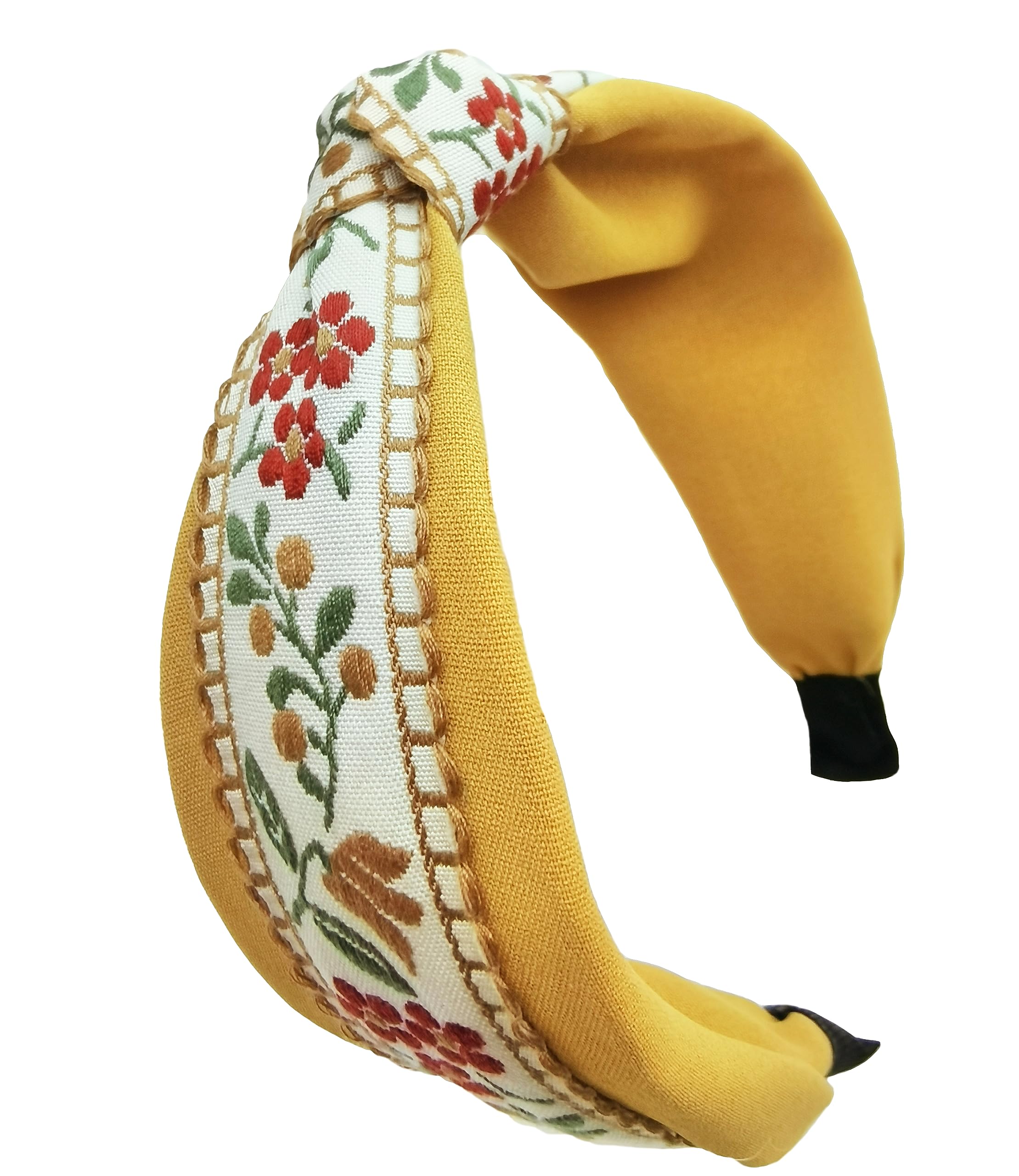 OUTVIE Boho Knotted Yellow Headband with Handmade Lace Embroidery Floral Metal Headband for Girls Womens