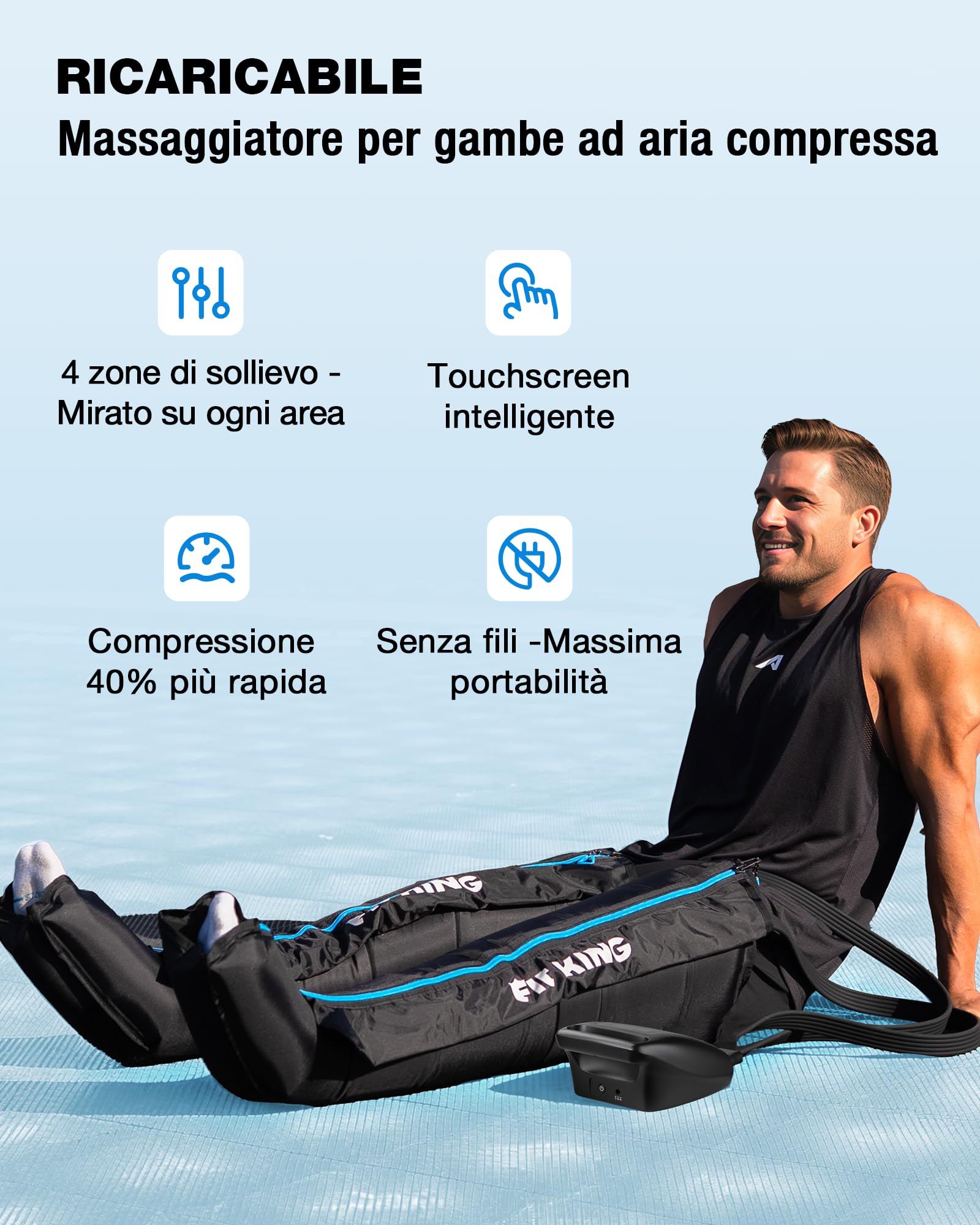 FIT KING Massaggiatore per Gambe con Controllo 4 Zone, Ricaricabile, Stivali a Compressione d'Aria per Recupero e Rilassamento Muscolare Profondo Portatile Senza Fili 12 Intensità 3 Modalità (S)