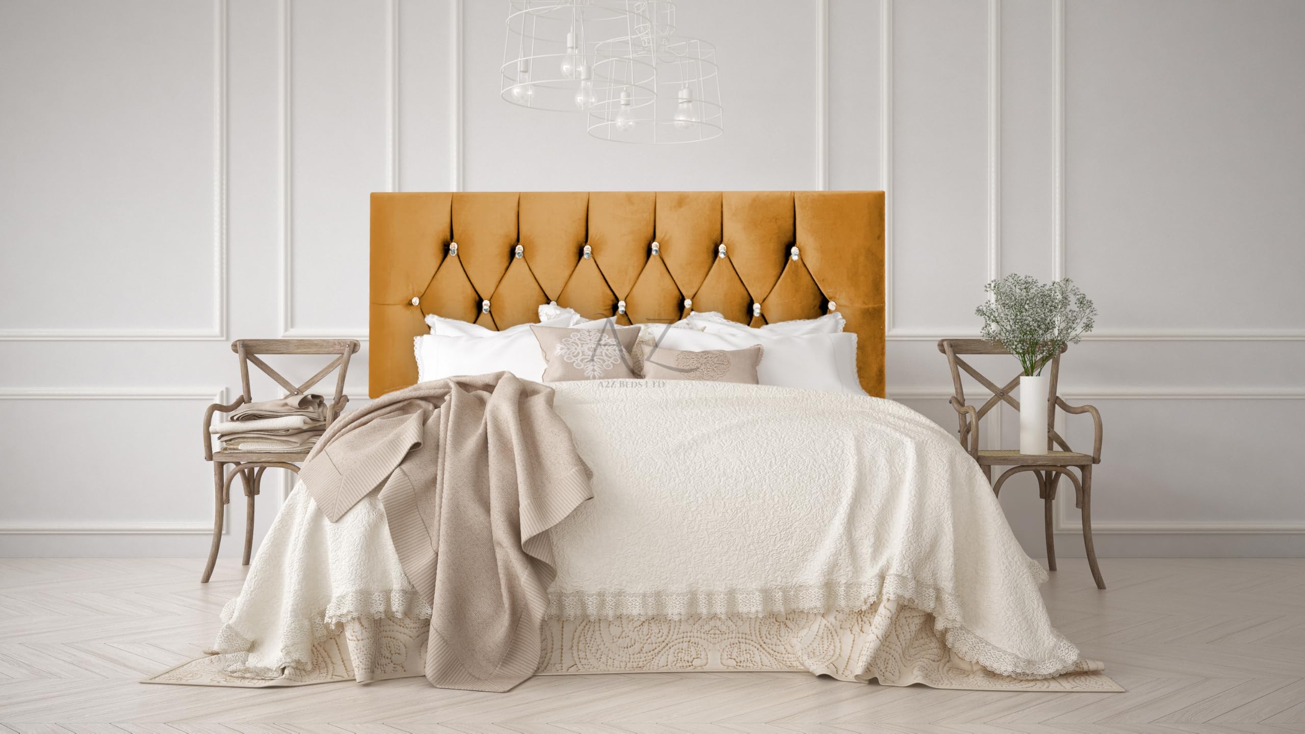 Chesterfield 20" Headboard Plush Velvet 3FT-4FT-4FT6-5FT-6FT (Mustard, 4FT 6" Double)