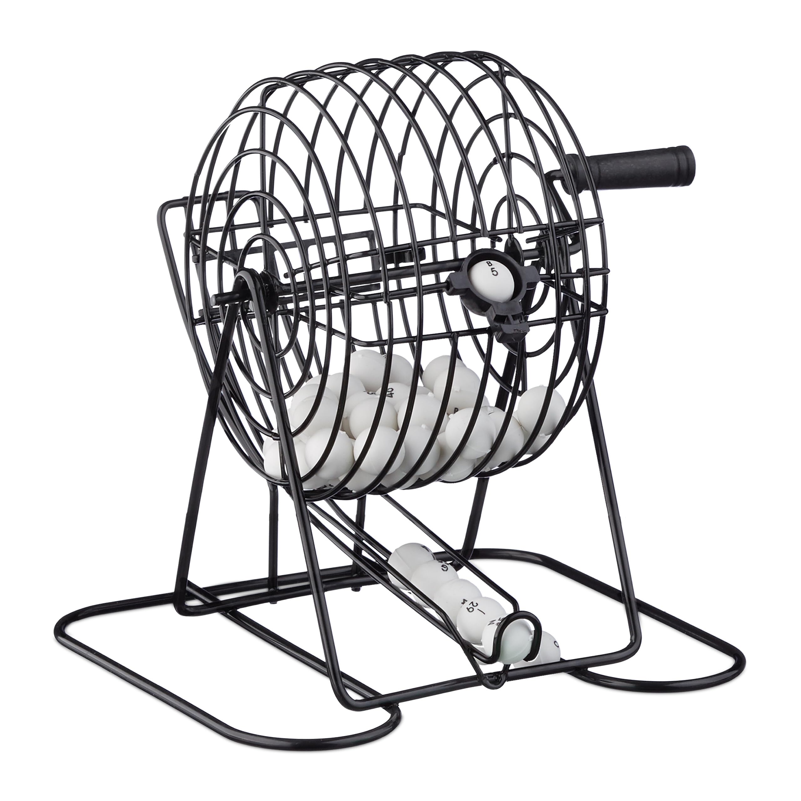 Relaxdays 10021014 Bingo gra z metalowym bębnem wys. x szer. x gł.: 20 x 17,5 x 21,5 cm bilety bingo, kulki, żetony, plansze do gry, czarne
