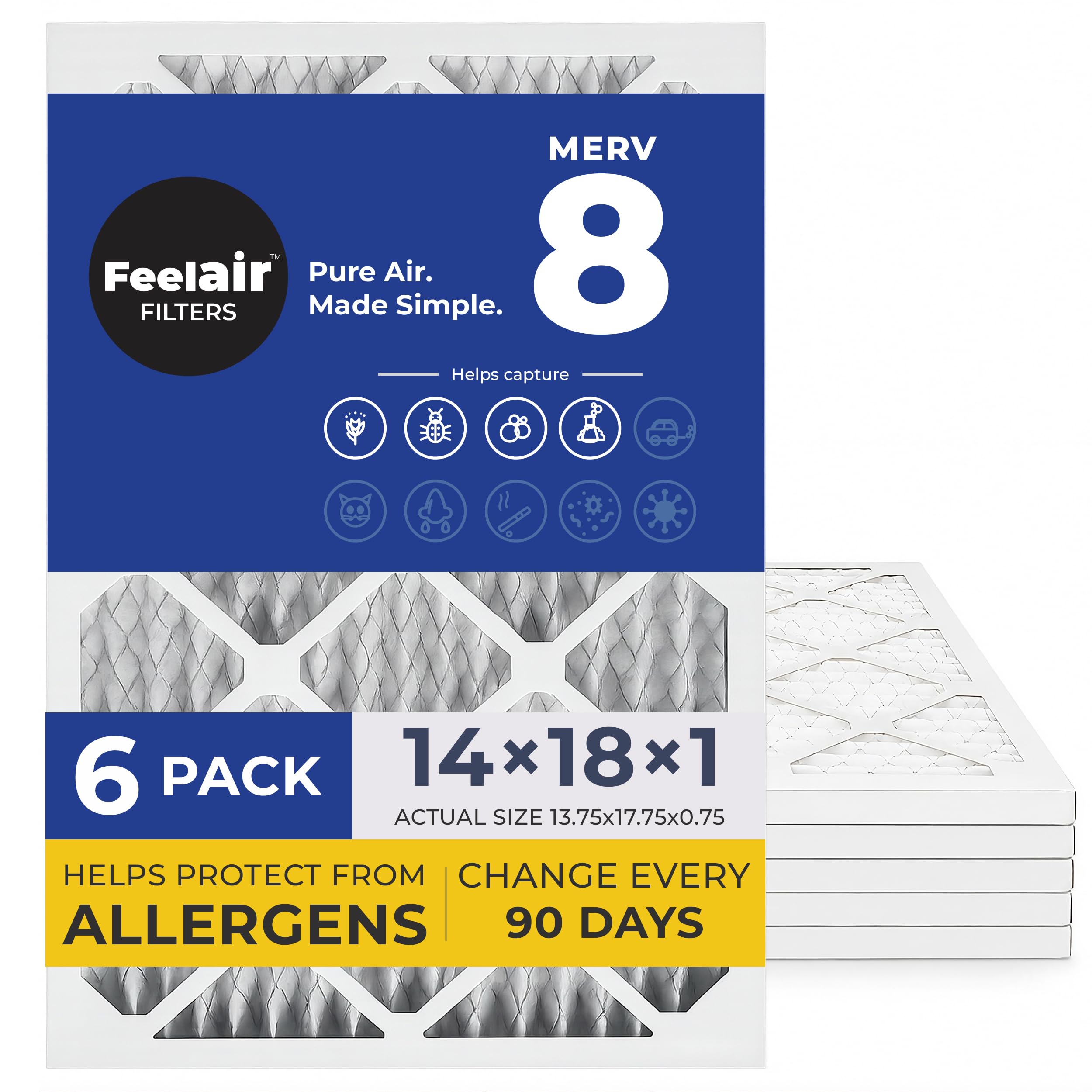 Feelair 14x18x1 Air Filter, MERV 8, 6 Pack – Premium Pleated HVAC & Furnace Filter, Electrostatic AC Filter Replacement (Actual Size: 13.75" x 17.75" x 0.75")