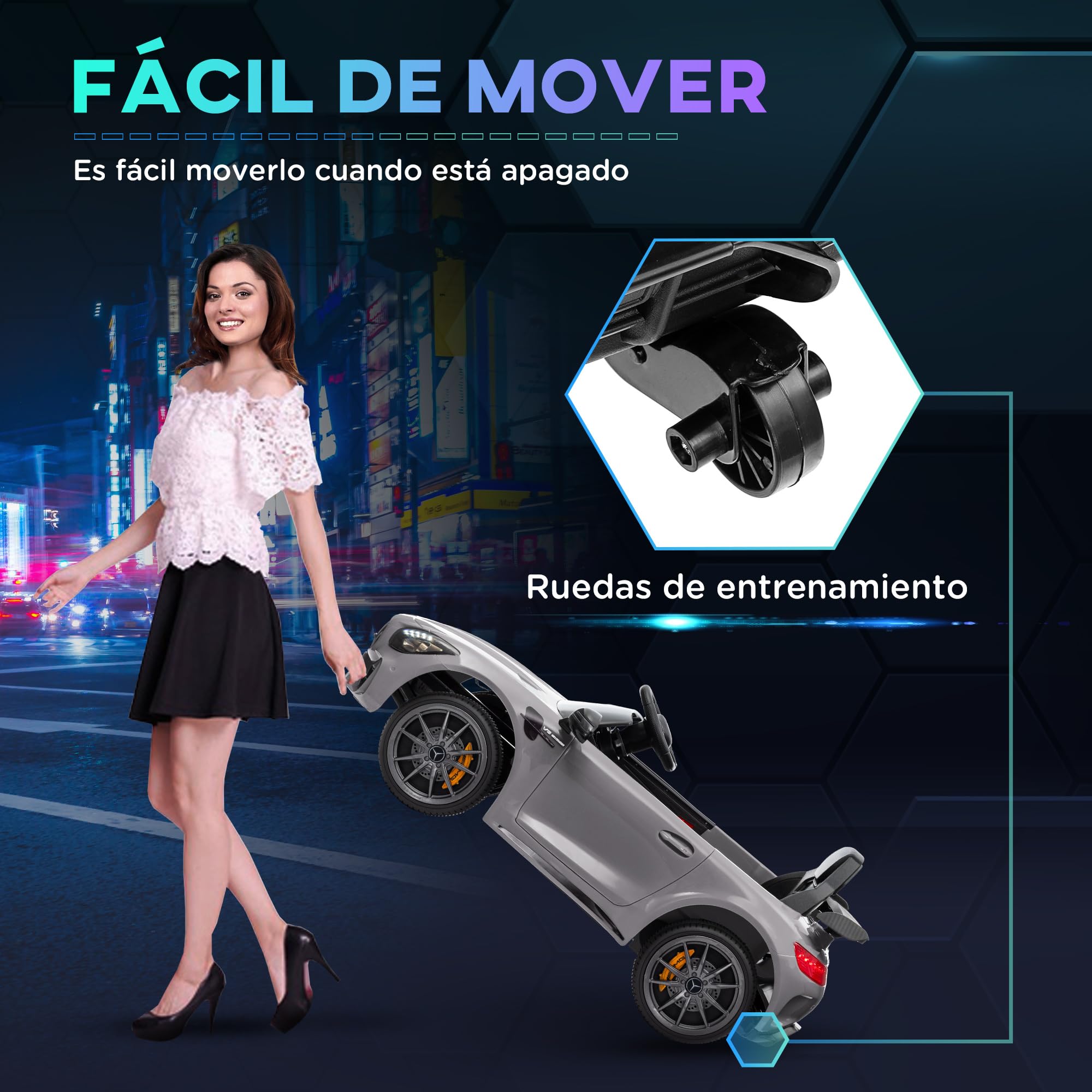 AIYAPLAY Coche Eléctrico para Niños de +3 Años Mercedes-Benz AMG GTR Carro Eléctrico Infantil con Batería 12V Mando a Distancia Faros Bocina Música MP3 Arranque Lento y Pantalla Plata