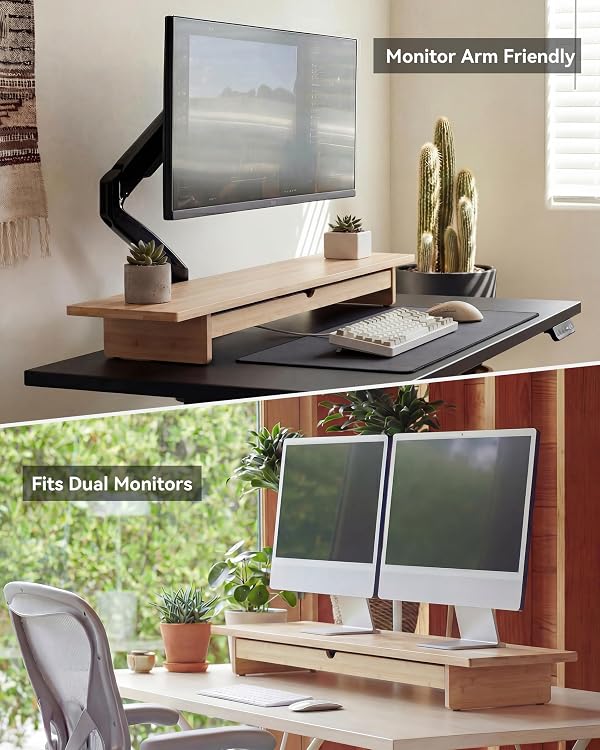 WELL WENG Bamboo Monitor Stand with Large Storage Drawer, 42 Inch Ergonomic Computer Riser for Desk, Screen Shelf with 7 Compartments for Keyboard & Stationery Organization by WELL WENG - Image 7