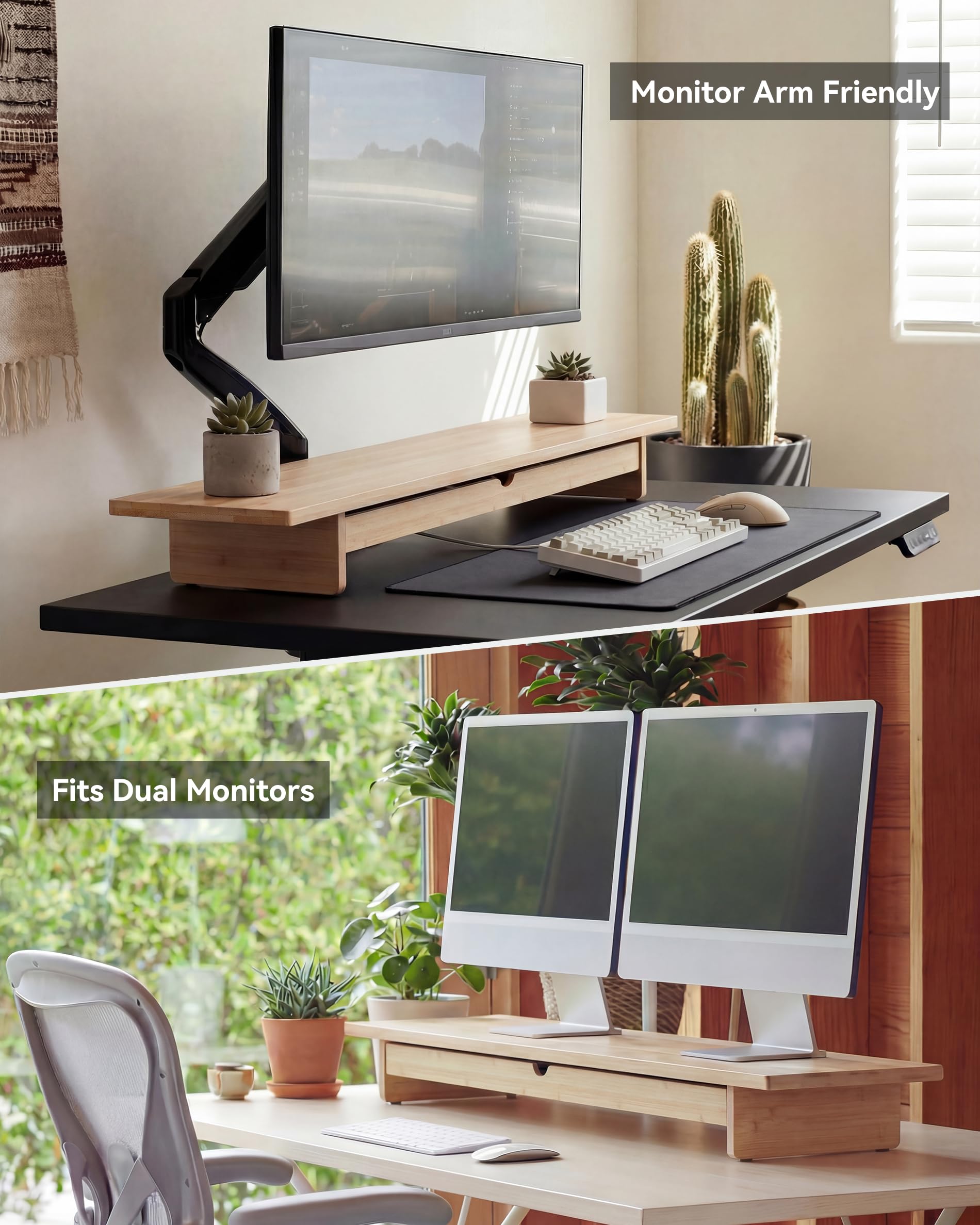 WELL WENG Supporto per monitor in bambù con grande cassetto, alzata ergonomica per computer da 106 cm, per scrivania, ripiano per schermo con 7 scomparti per organizzare tastiera e cancelleria