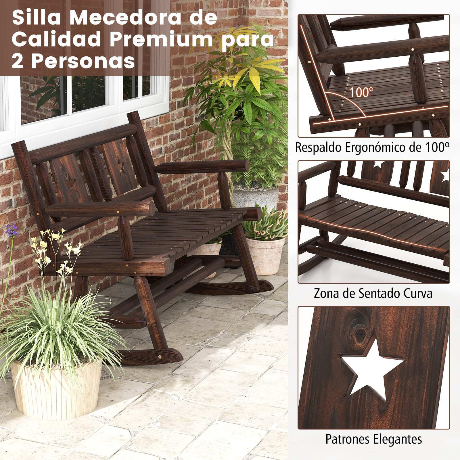 COSTWAY Banco Mecedora Jardin Exterior de 2 Plazas, Banco Madera Carbonizada con Respaldo y Reposabrazos, Banco Jardin Patio Terraza Porche, Carga 320 kg, 111 x 85 x 89 cm, Marrón Rústico