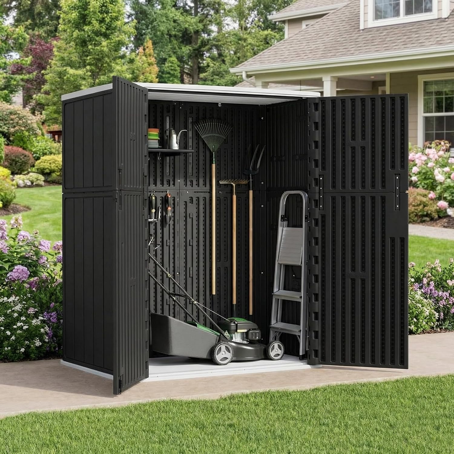 Outdoor Storage Shed 57 Cu.ft Weatherproof Resin Storage Cabinet with Floor, Lockable Vertical Shed for Garden Tools, Lawn Mower, Pool Equipment & Organization – Shelves Not Included