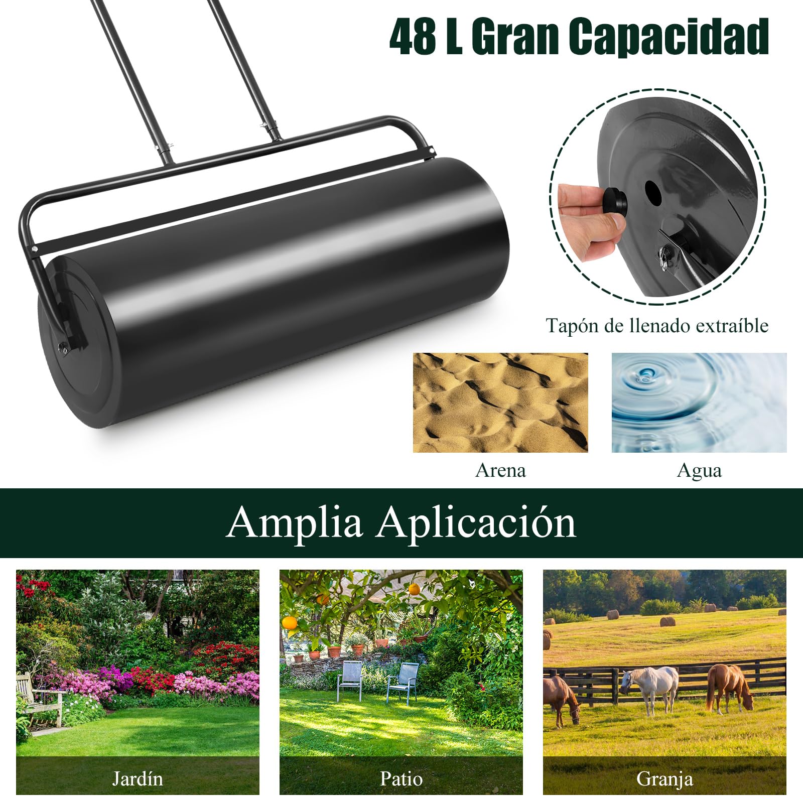 GOPLUS Rodillo de Césped para Jardín de Acero 48 L/63 L, Rodillo Manual Rellenable con Agua o Arena, Apisonadora de Césped (48 L, Negro)