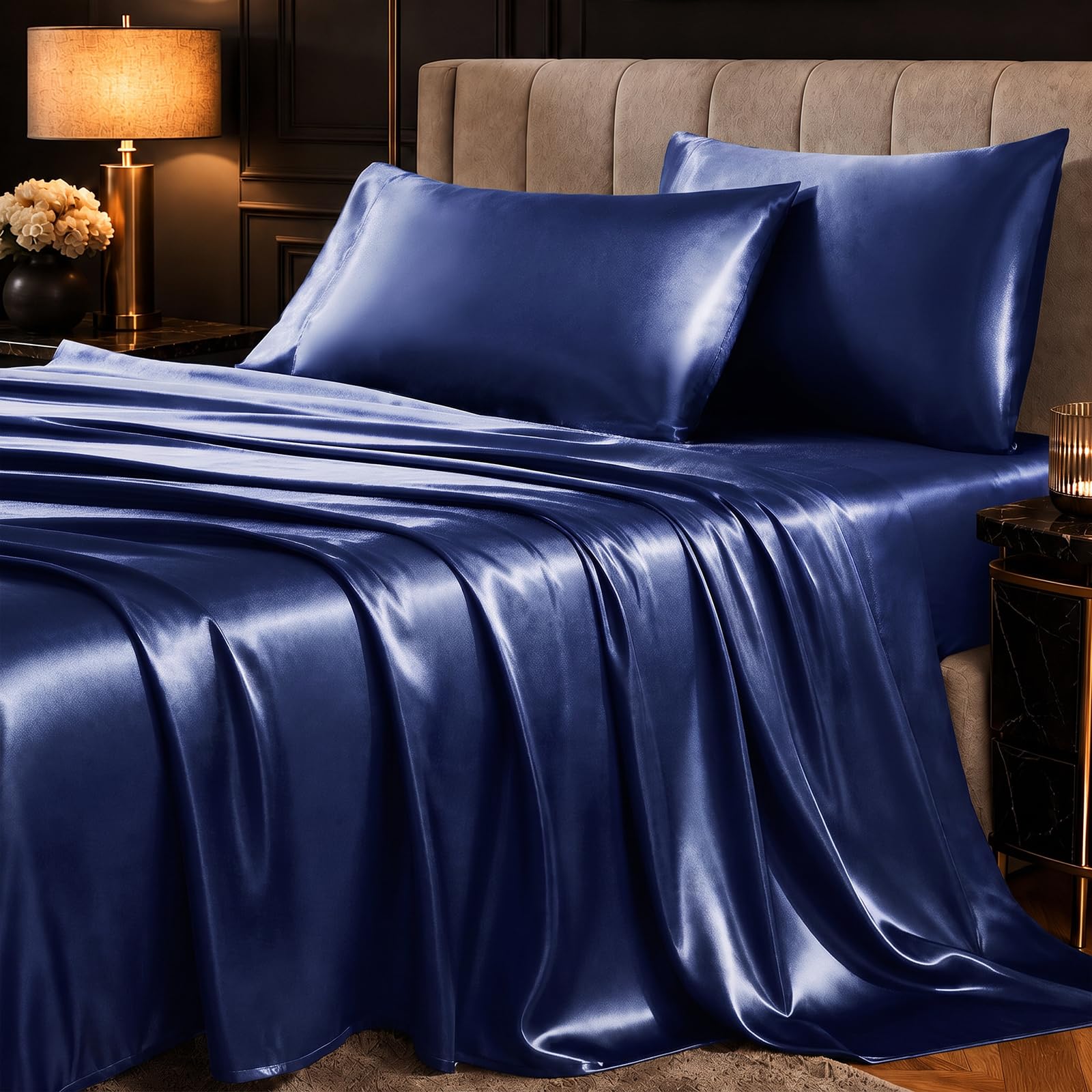 CozyLux Satin Sheets Full, 4-Piece 14-Inch Deep Pocket Sheet Set