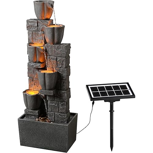 Cheng Pin Solar Powered Outdoor Water Fountain -38.2 in. Tall 4 Tiers Waterfall Fountain with Tulip Design and LED Lights,Create Outside Natural Water Feature for Garden,Patios,Lawns,Grey,Fall Decor
