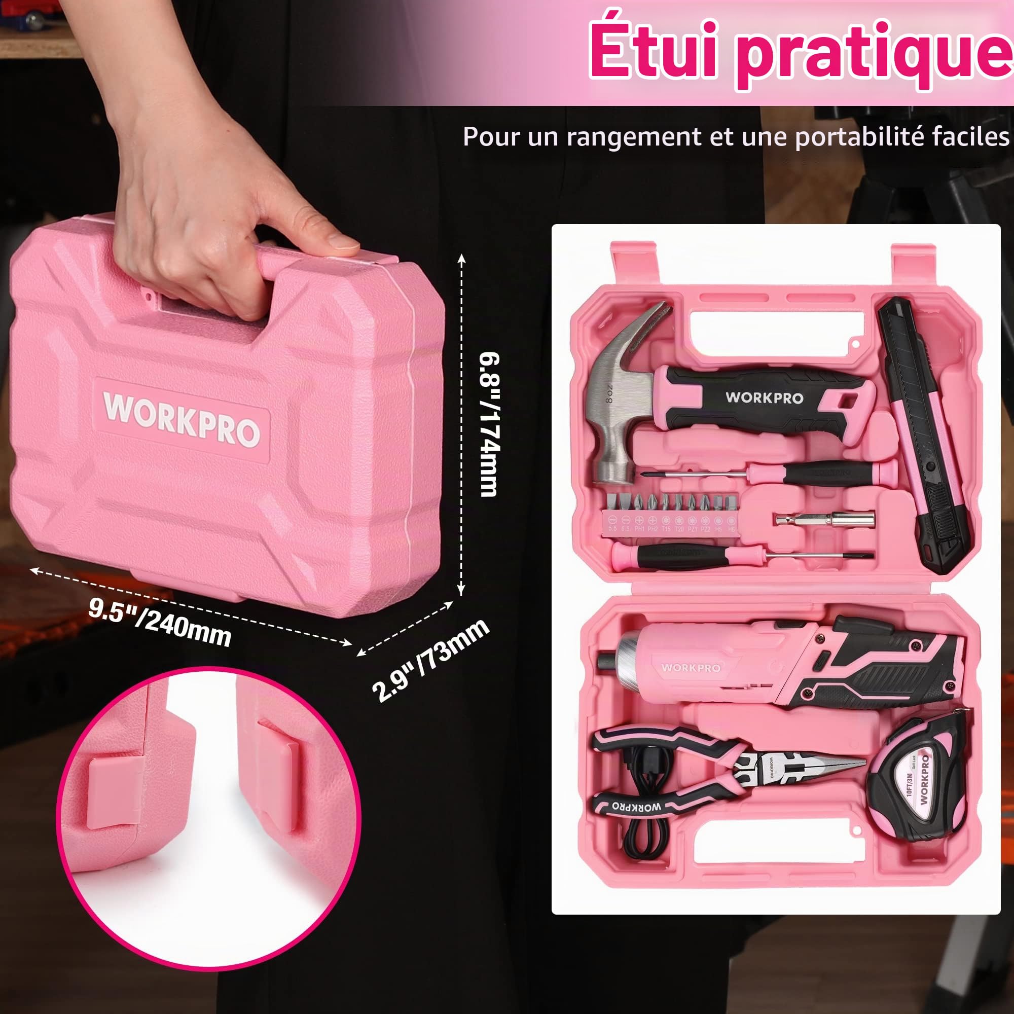 WORKPRO Caisse à Outils Rose 18 Pièces avec Tournevis Electrique 3,7 V | Trousse à Outils avec Boîte de Rangement, Mallette à Outils pour Usage Domestique ou Petits Travaux