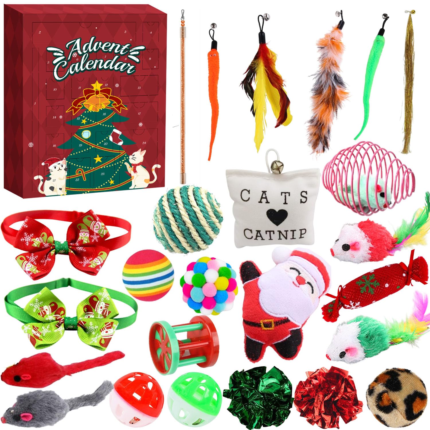 Calendario de Adviento para gatos 2024, juego de juguetes interactivos para gatos de interior con juguetes de hierba gatera, varita de plumas y bolas de cascabel, Navidad para gatitos y