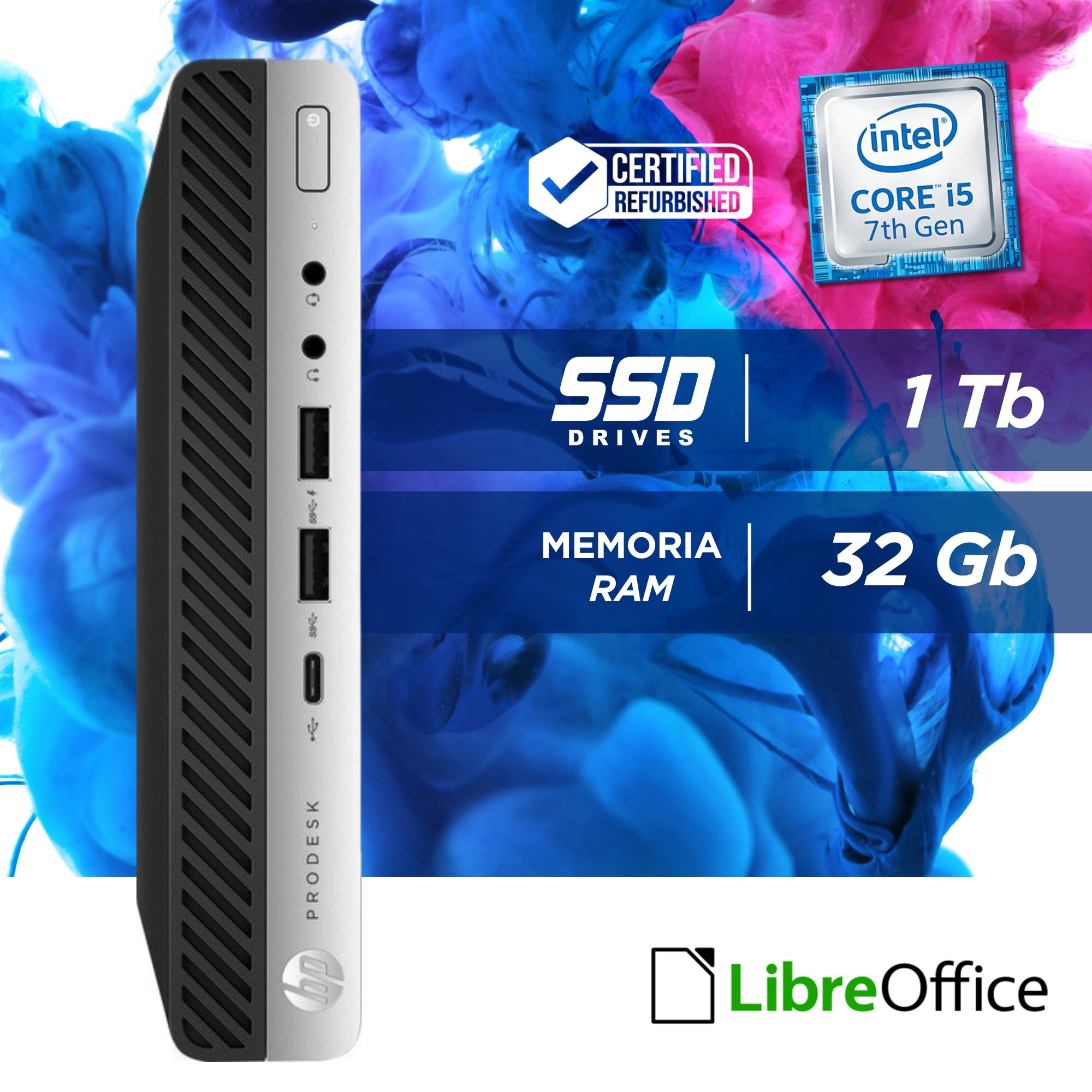 HP Prodesk, Mini Pc Tiny, Intel i5-7400T 4 Core 2.4Ghz, Ram 32Gb SSD 1000Gb, Win 10, Pc Desktop Mini Pronto all'uso con Libre Office e Chiavetta Wi-fi (Ricondizionato)