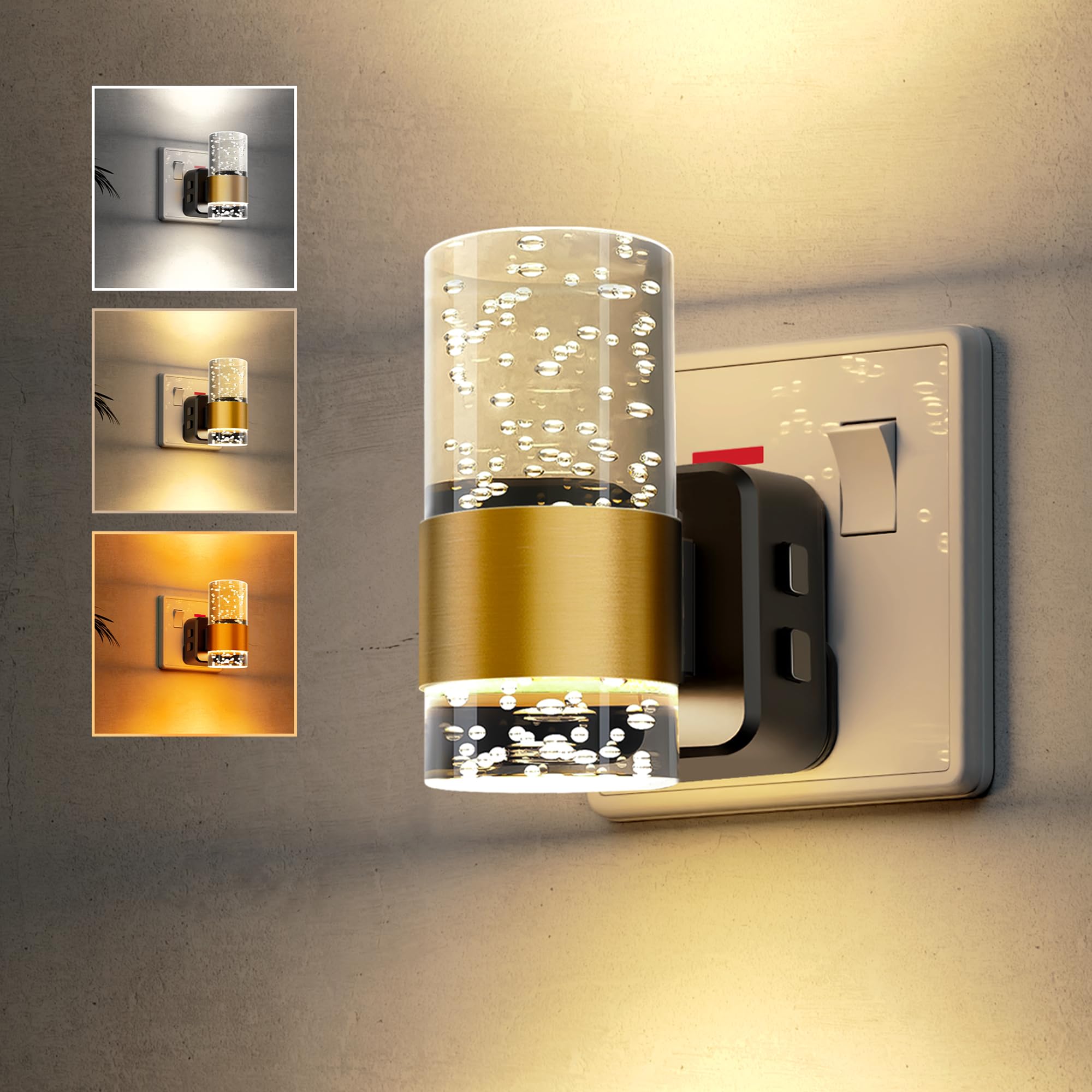 LOHAS-LED Night Light, Plug in Night Light with Dusk to Dawn Sensor, 3000k/5000K/Amber Adjustable Color Temperature, 3 Brightness Levels, Acrylic Modern Nightlight for Hallway, Stair, Bedroom,1 Pack