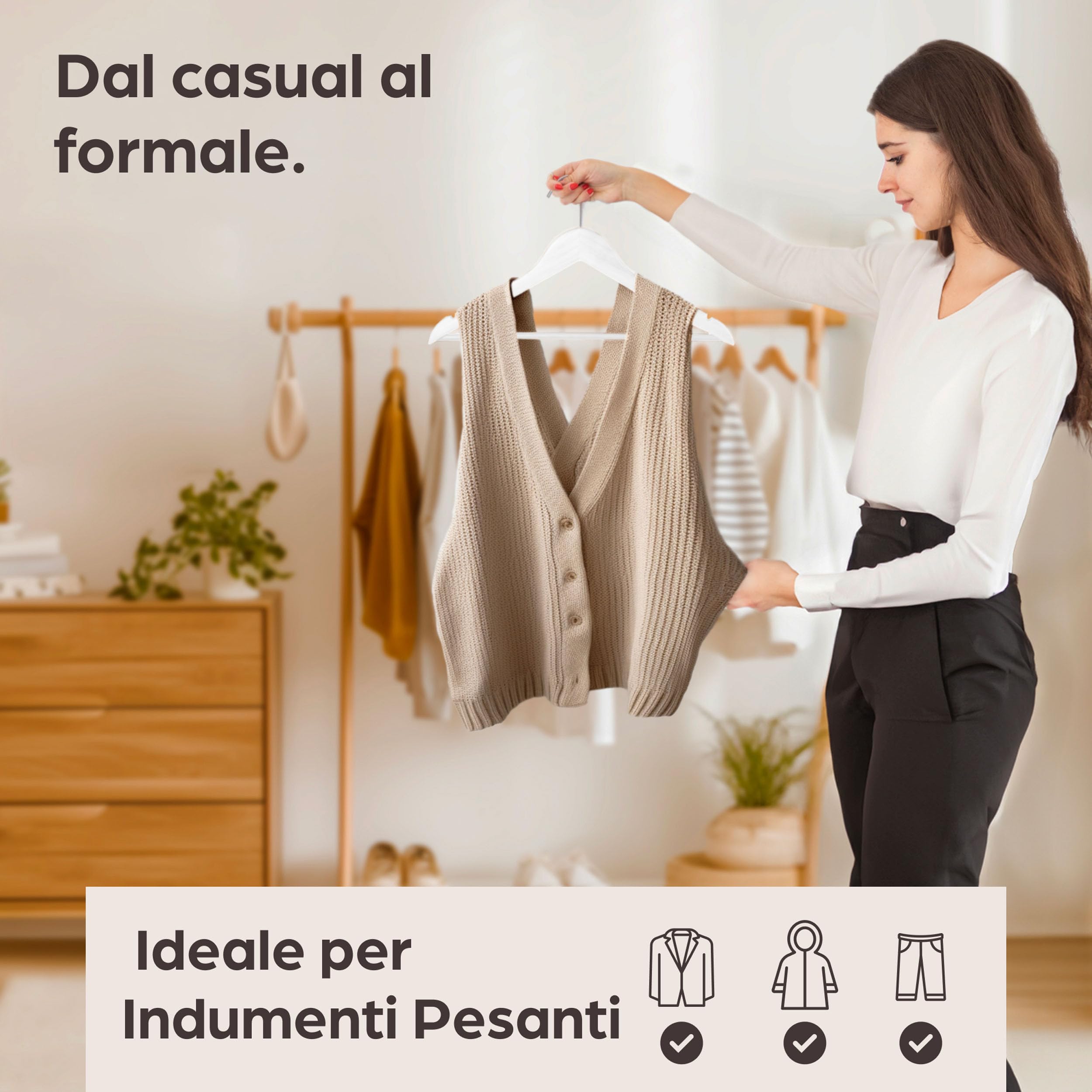 Praknu Grucce in Legno Bianco 20 Pezzi - Gancio Girevole a 360° - Incavi sulle Spalle - Con Barra per Pantaloni - Legno Massiccio Certificato FSC - Salvaspazio
