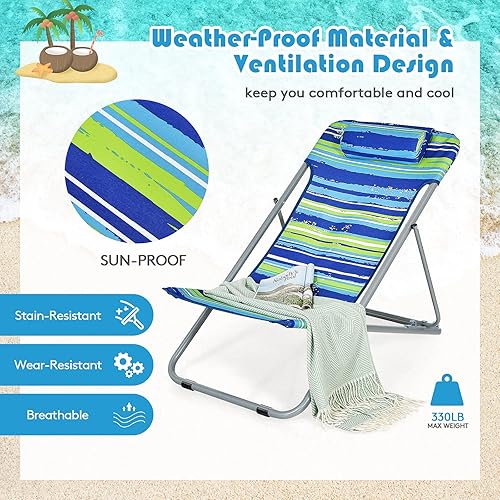 Miniatura 7 de GYMAX Silla de playa, 2 piezas para adultos con respaldo ajustable de 3 niveles y almohada extraíble, silla de campamento reclinable portátil para