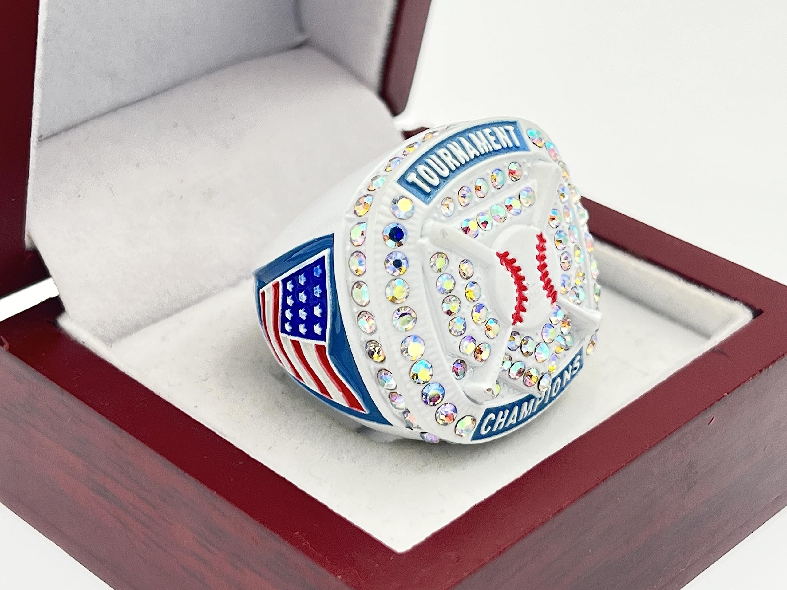 Discount Sports Rings HOME PLATE CHAMPION RING — WHITE BODY, PRISMATIC STONE LIGHT BLUE PAINT Premium Softball Baseball Ring/Player/Team Awards/Tournament Ring