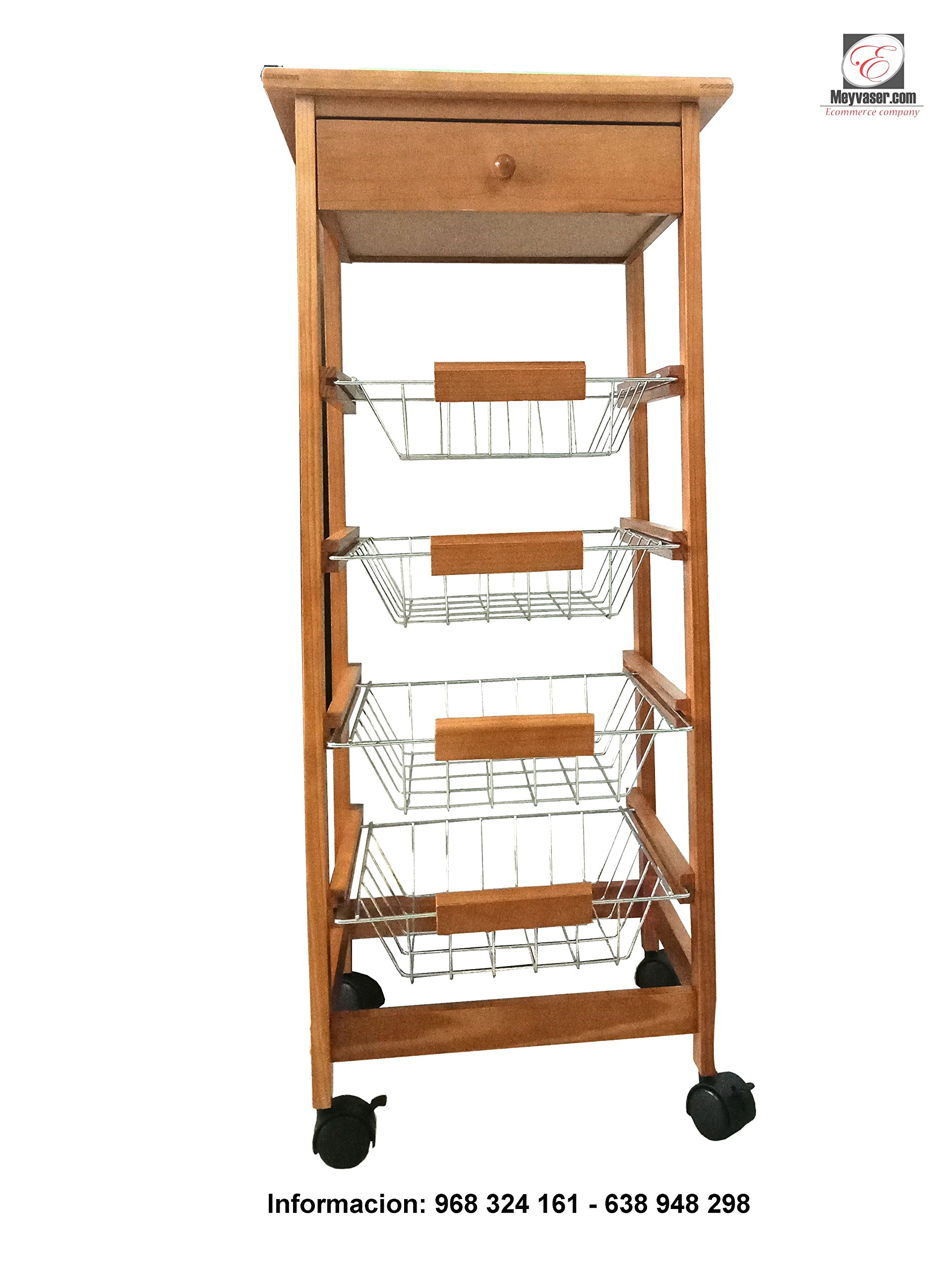 Meyvaser Carrello da cucina in legno, Carrello da cucina con ruote salvaspazio, 1 cassetto e 4 vassoi in metallo 85x37x37 Cm Colore Miele