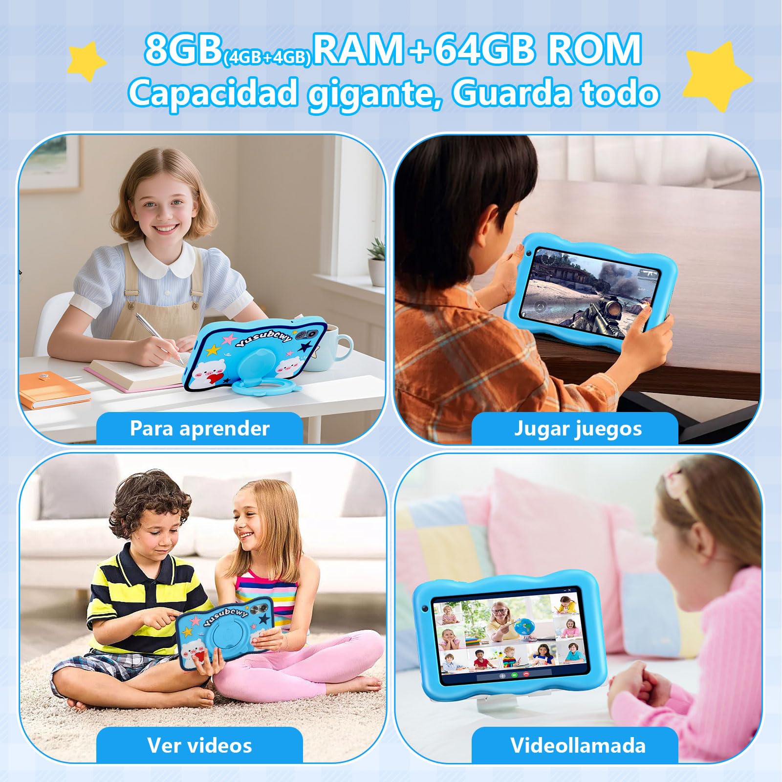 Tablet para Niños 7 Pulgadas, Android 13, 8GB RAM 64GB ROM, Tableta Octa-Core, 5800mAh Batería, 5MP+8MP Cámaras, WiFi Bluetooth, Control Parental, PantallaHD, Funda Silicona Antigolpes Niños (Azul) — view 4