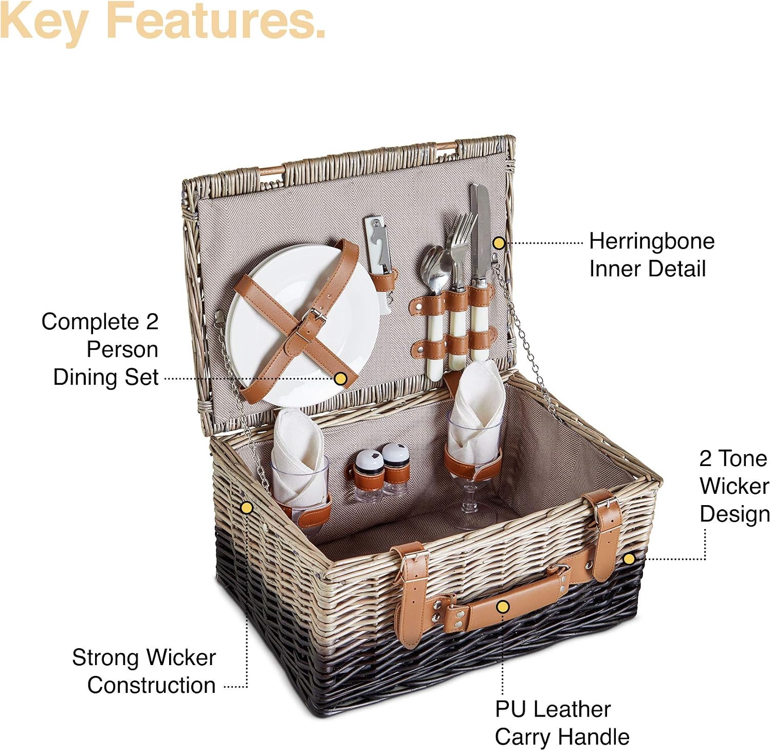 VonShef Picnic Basket for 2 - Wicker Two Tone Herringbone Picnic Basket Set - Stainless Steel Cutlery, Plates, Salt & Pepper Shakers, Wine Glasses, Bottle Opener, Cotton Napkins